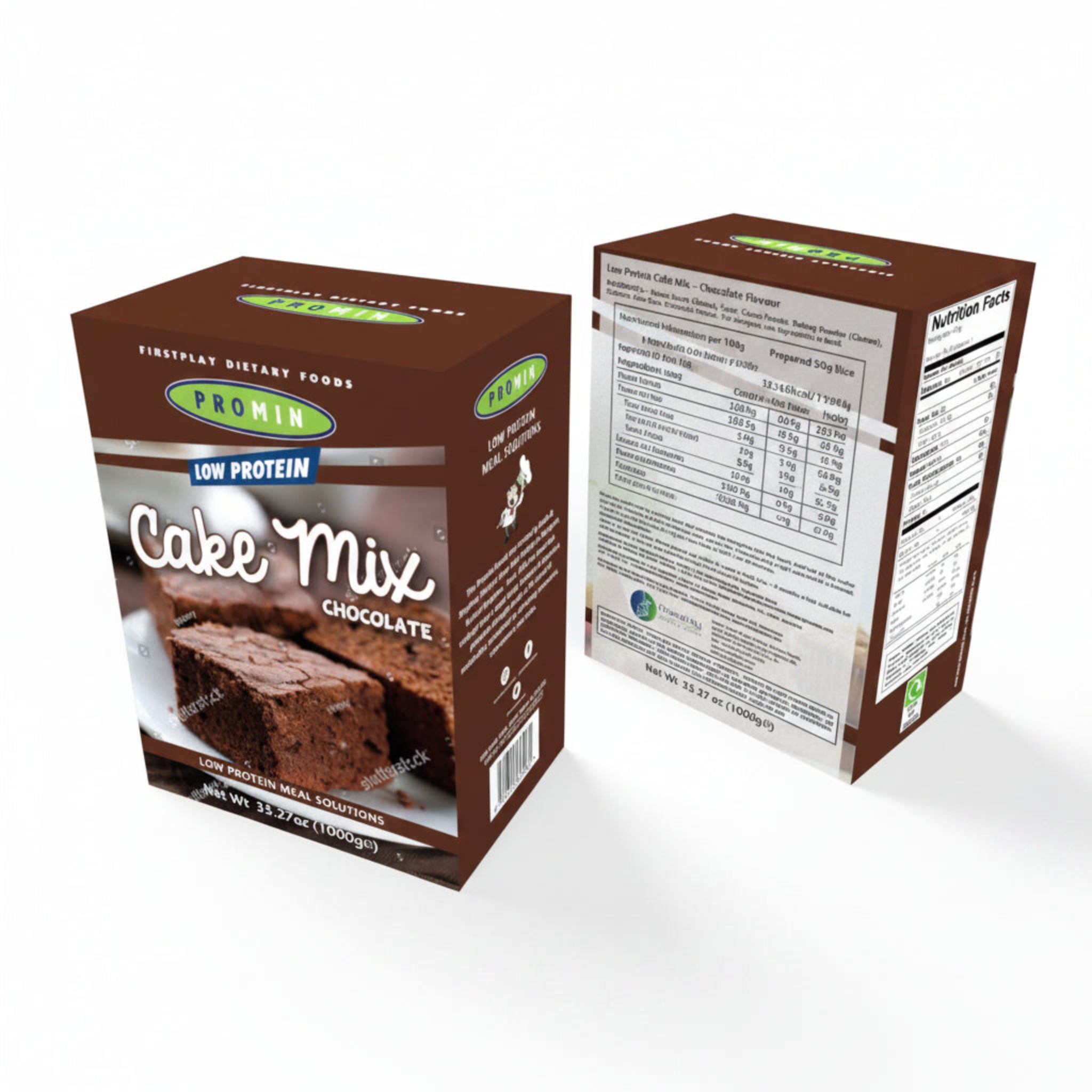 Promin chocolate cake mix package on white background