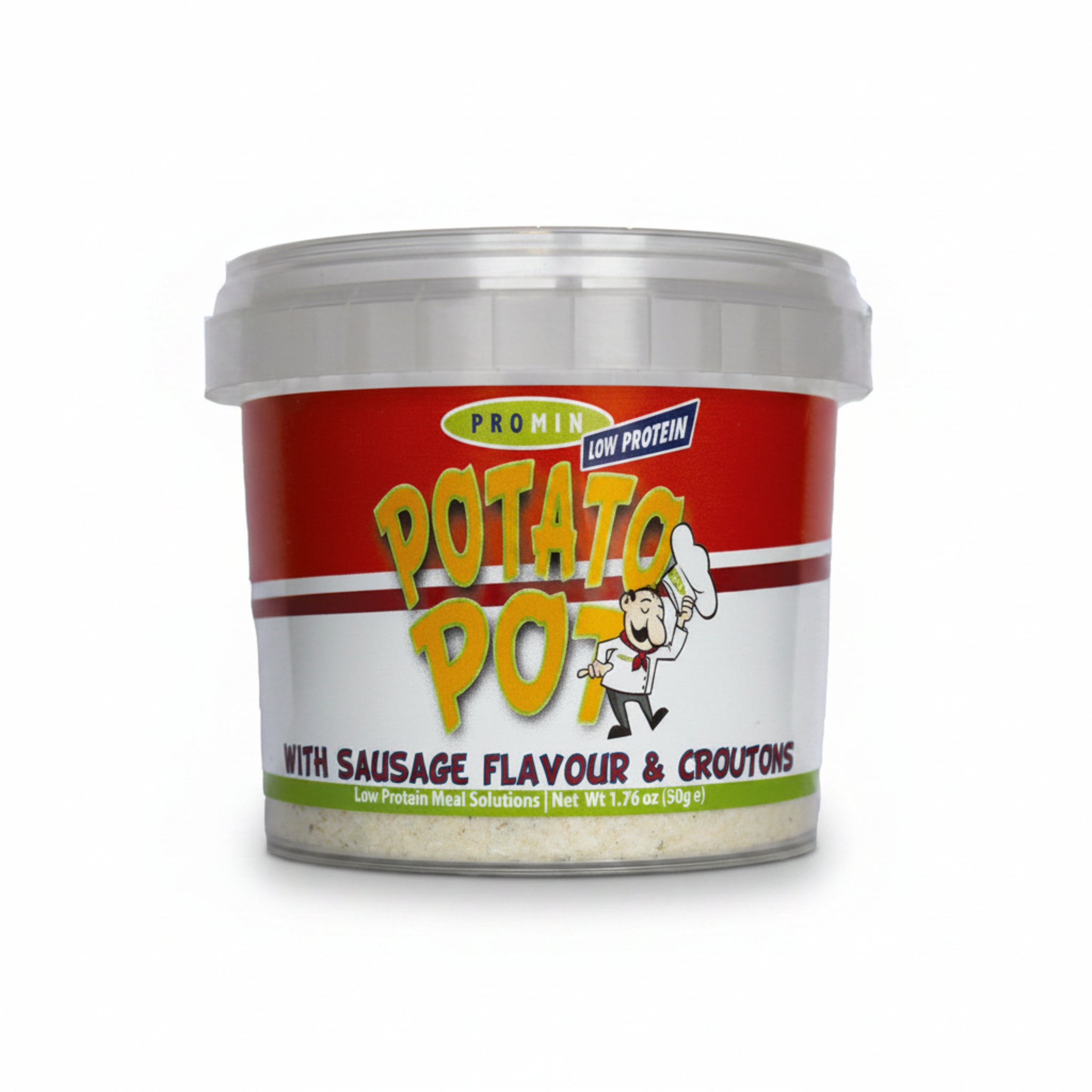 Container of Promin Potato Pot with Sausage Flavour & Croutons on a white background
