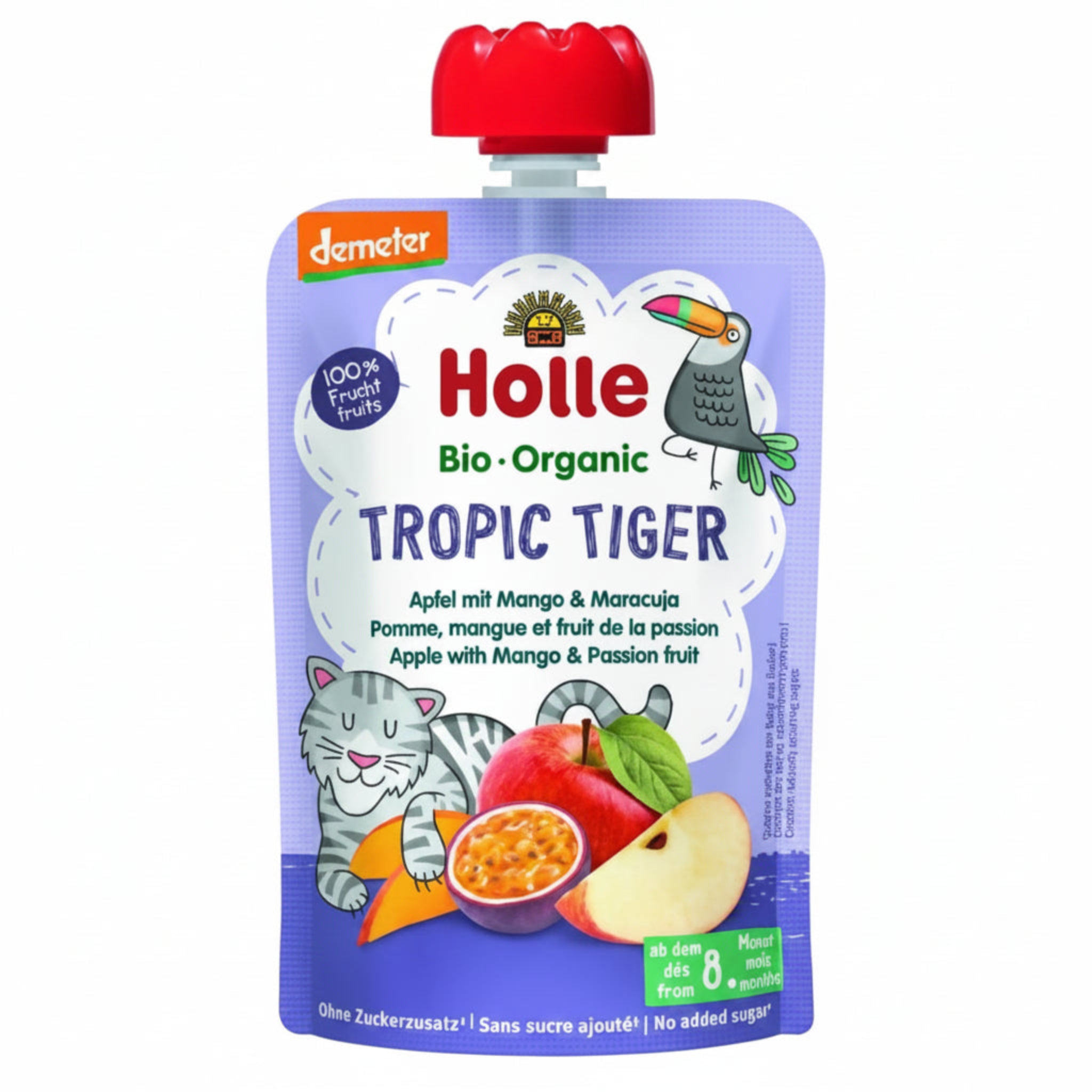 Holle Bio-Organic Tropic Tiger Apple with Mango & Passion fruit package on a white background.