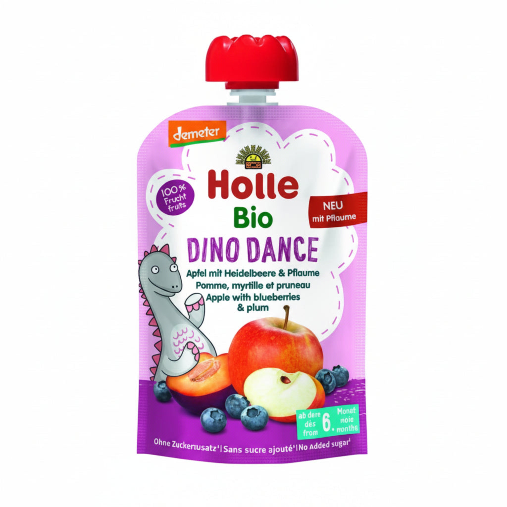 Holle Bio Dino Dance Apple with blueberries & plum package on a white background.

