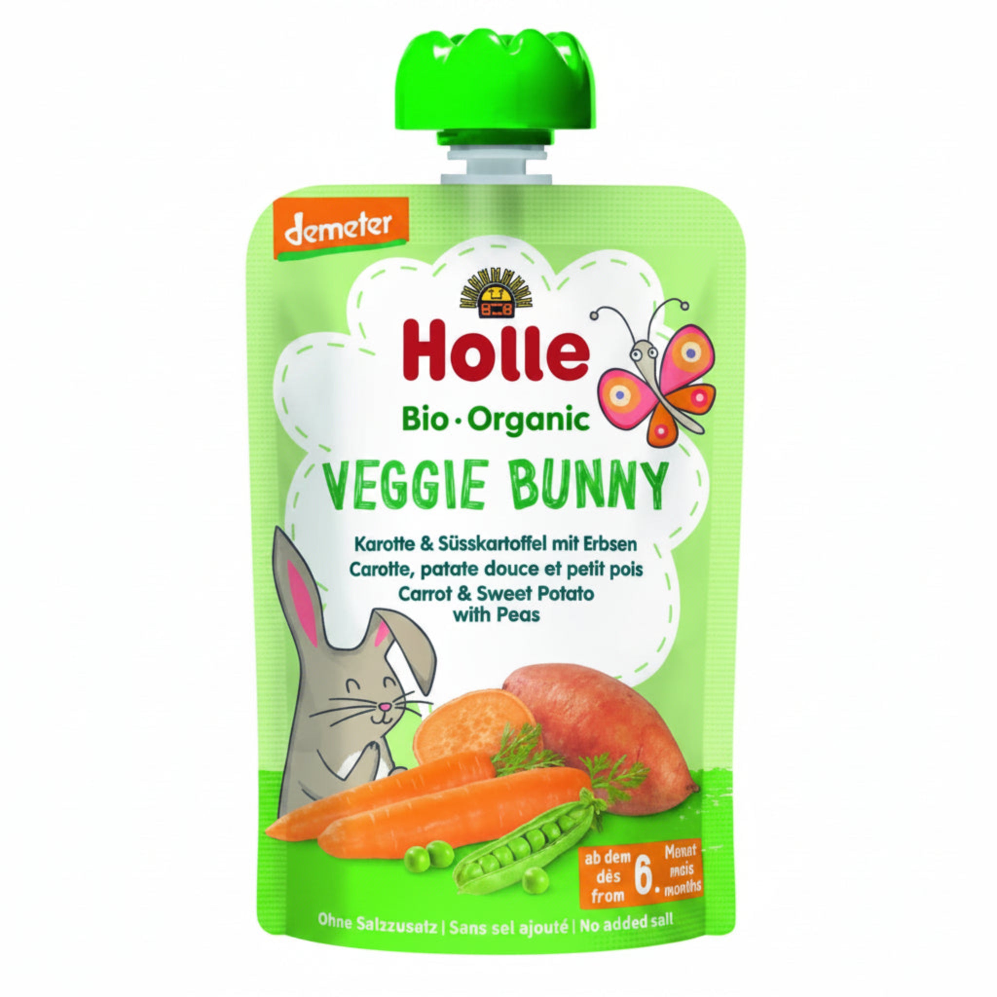 Holle Bio-Organic Veggie Bunny Carrot & Sweet Potato with Peas package on a white background.