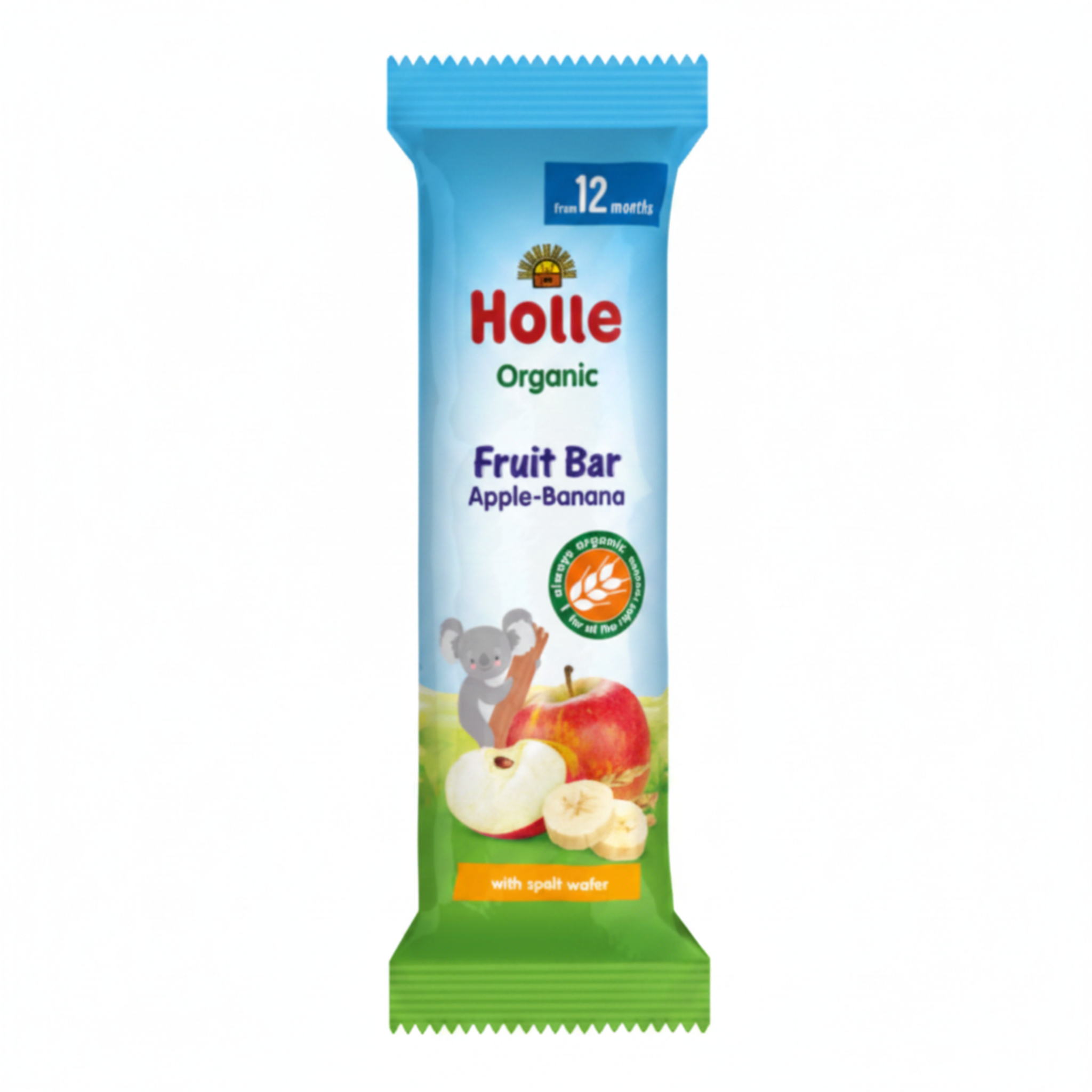 Holle Organic Apple-Banana bar package on a white background.