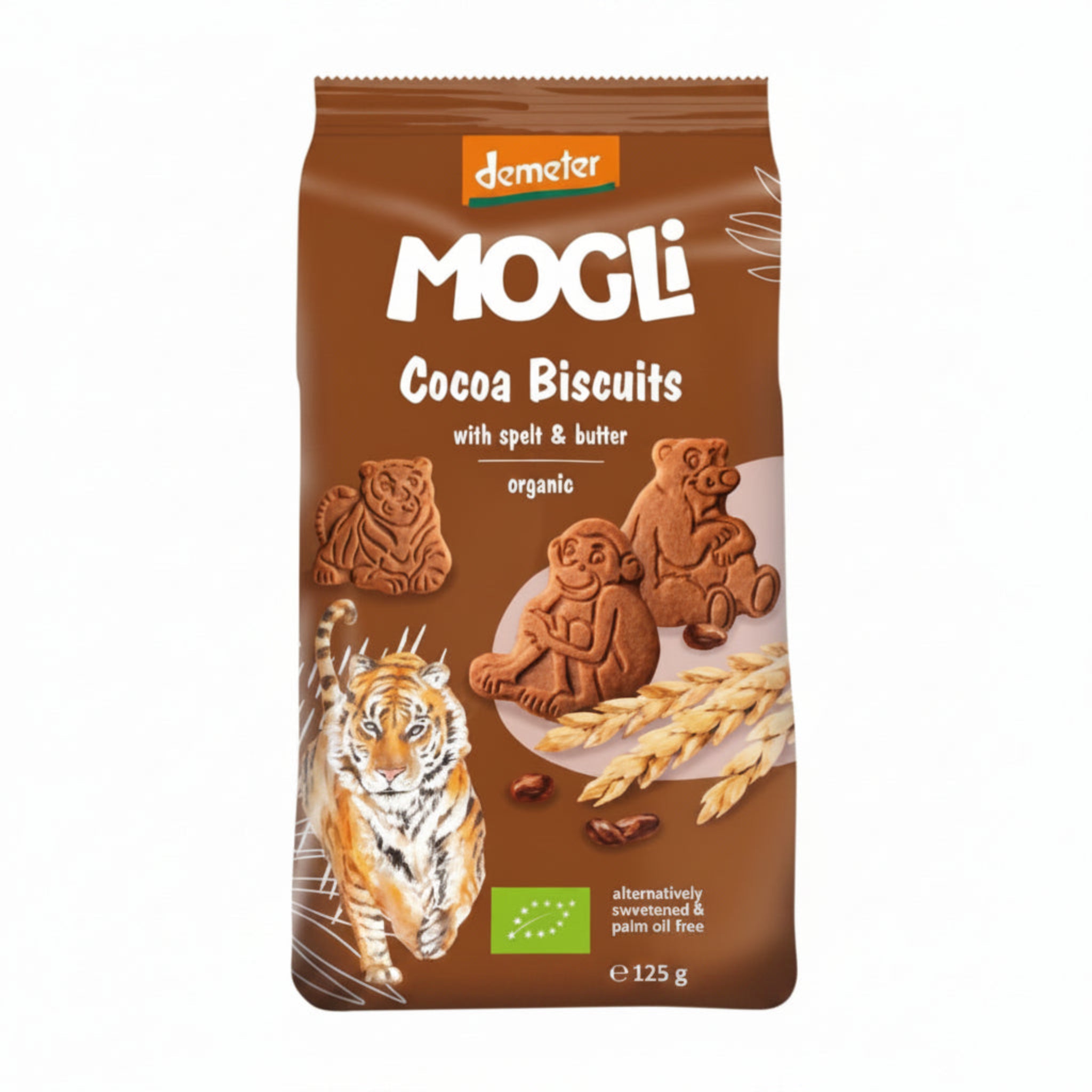 Mogli Cocoa Biscuits package on a white background.