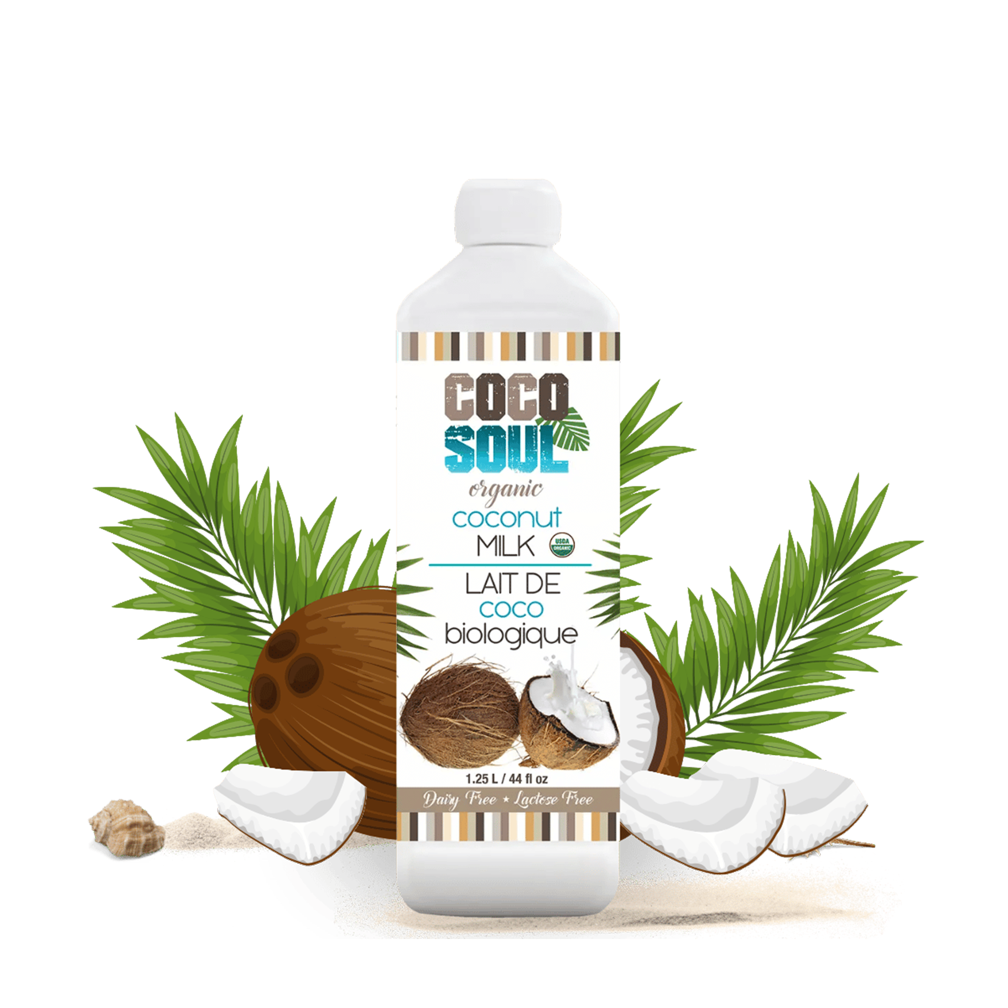 Bottle of Coco Soul Coconut milk on a bed of coconuts and leaves with white background.