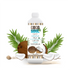 Bottle of Coco Soul Coconut milk on a bed of coconuts and leaves with white background.