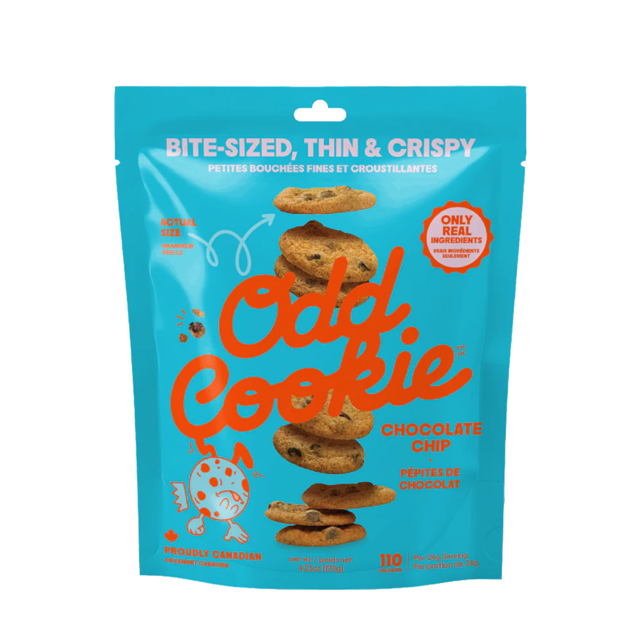 Blue package of chocolate chip flavoured Odd Cookies on a white background.