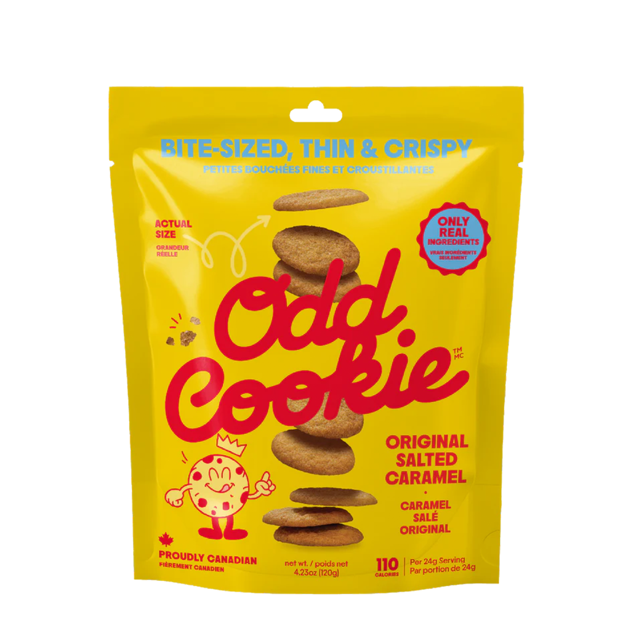 Yellow package of Odd Cookies original salted caramel cookies on a white background.