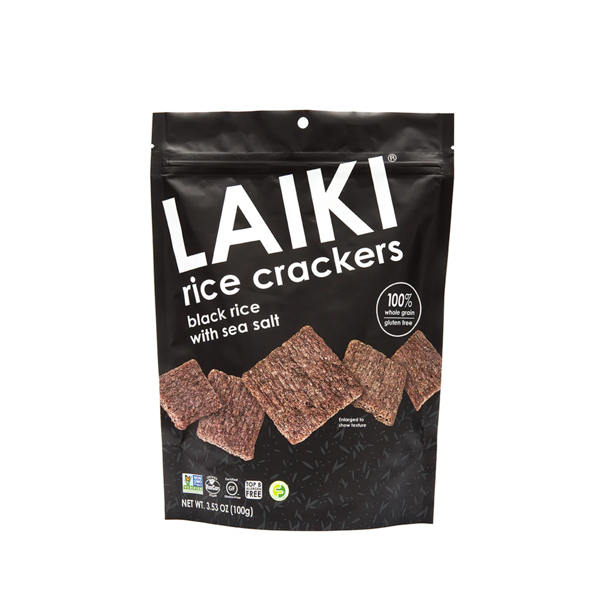 Laiki rice crackers packaging with black background and brown rice crackers.