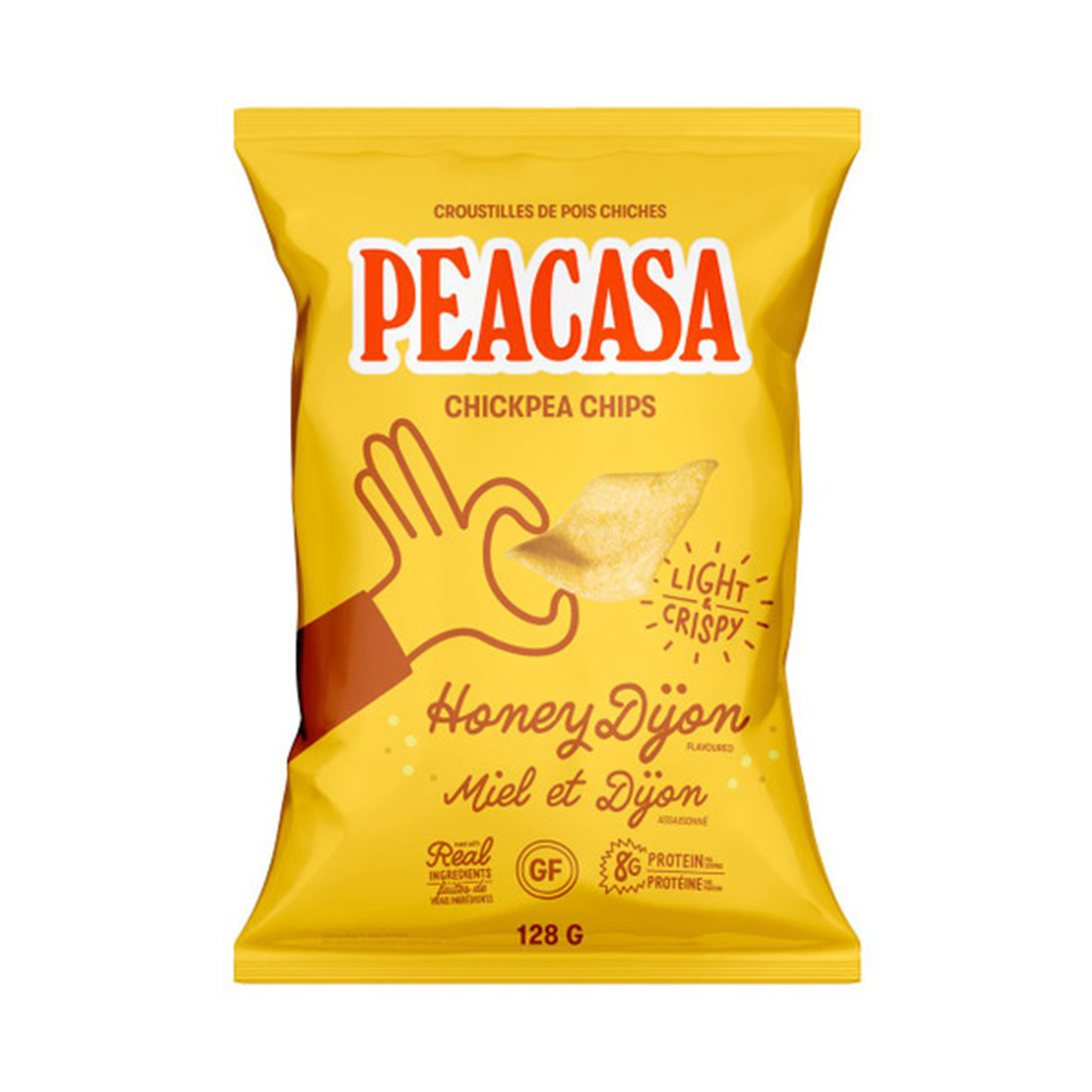 Yellow package og Honey Dijon flavoured Peacasa chips on a white background.