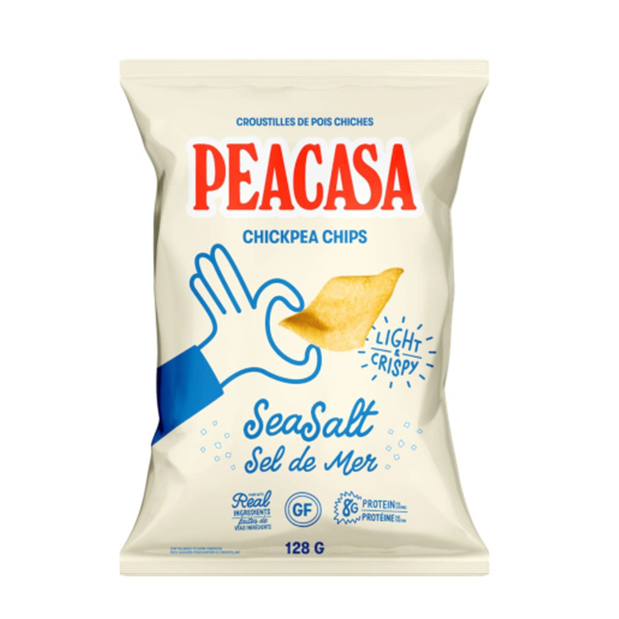 White package of Peacasa Sea Salt Chips on white background.