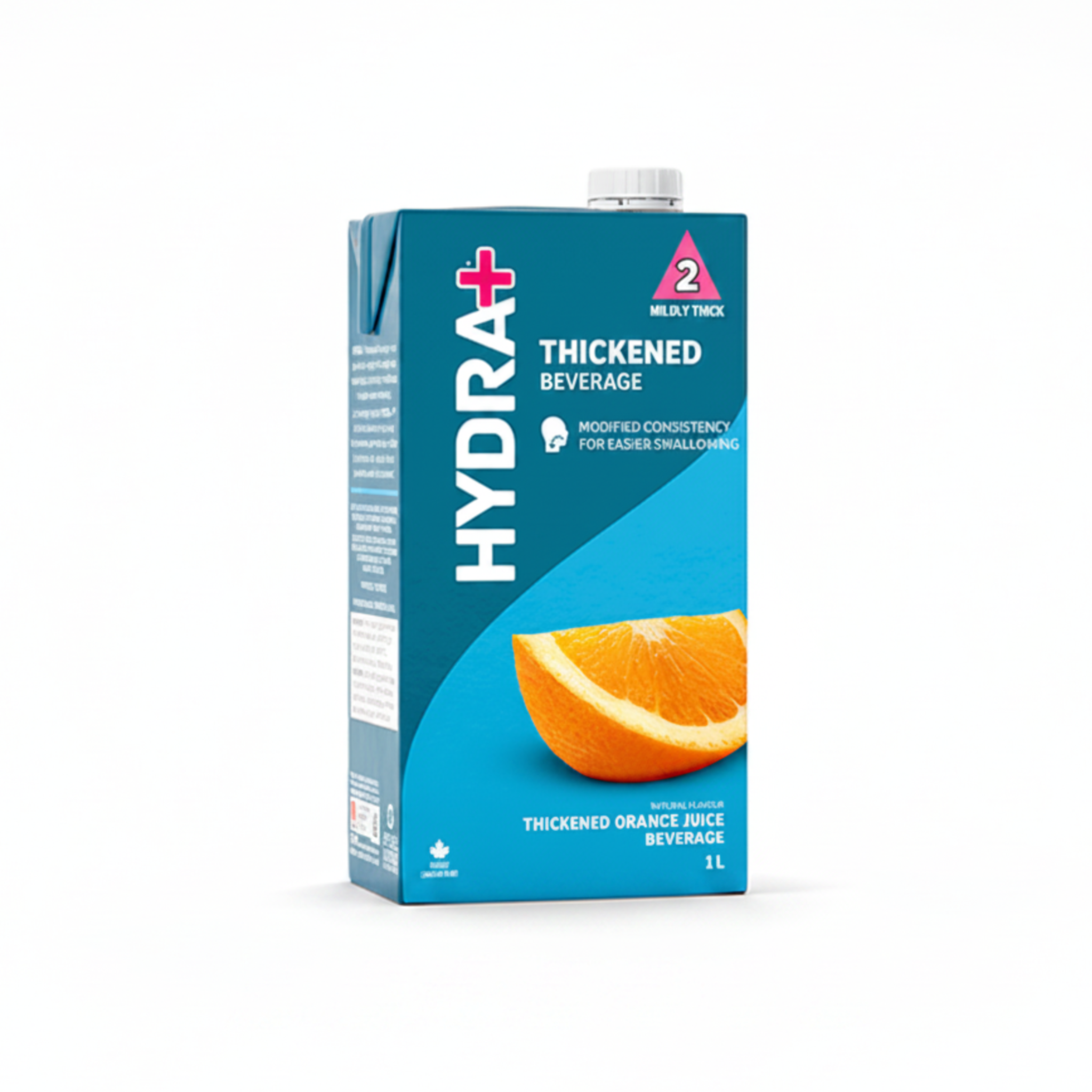 Hydra+ thickened Orange Juice beverage carton with an orange slice on a white background