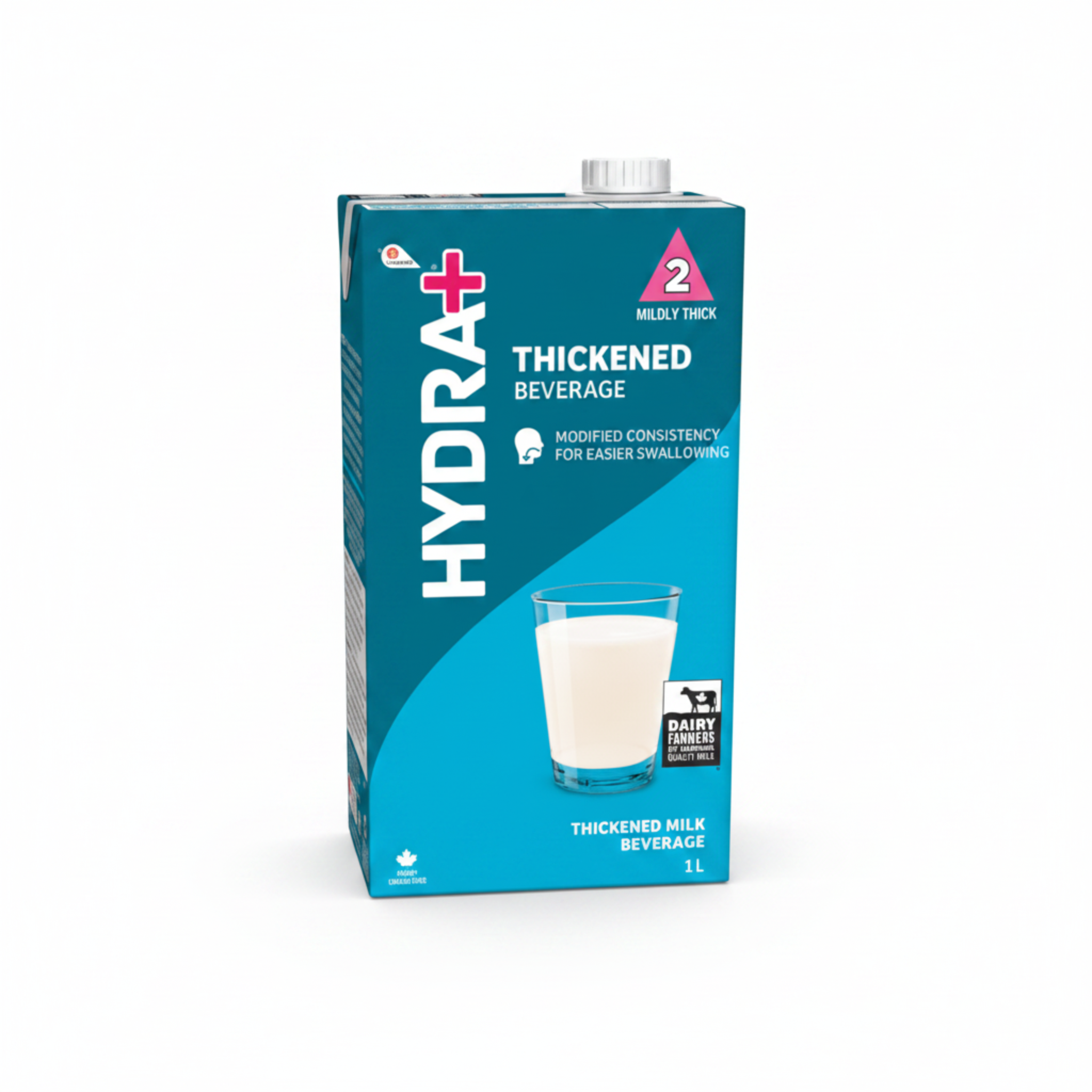 Hydra+ thickened Milk beverage carton with a glass of milk on white background.
