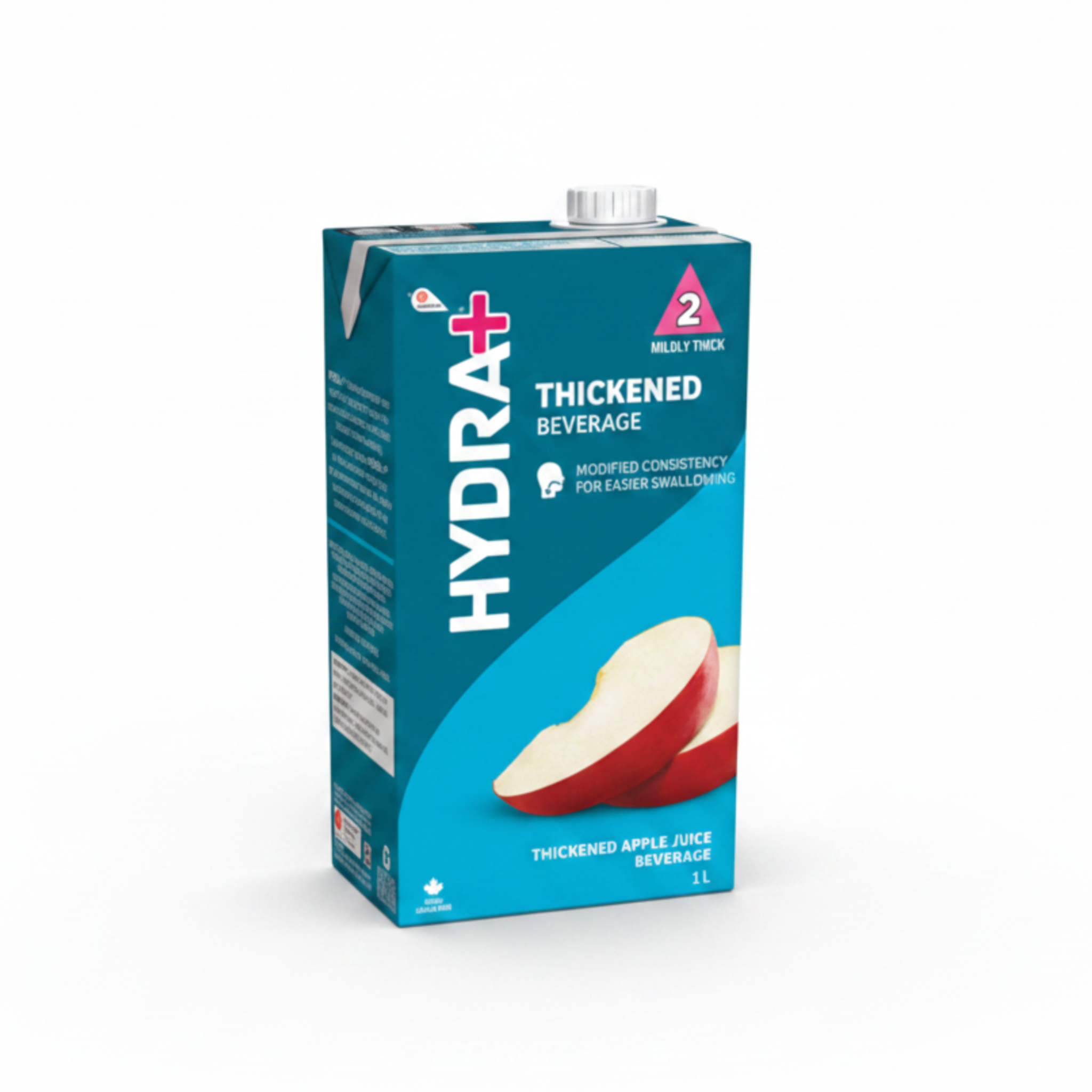 Carton of Hydra+ thickened apple juice beverage with an apple on a white background