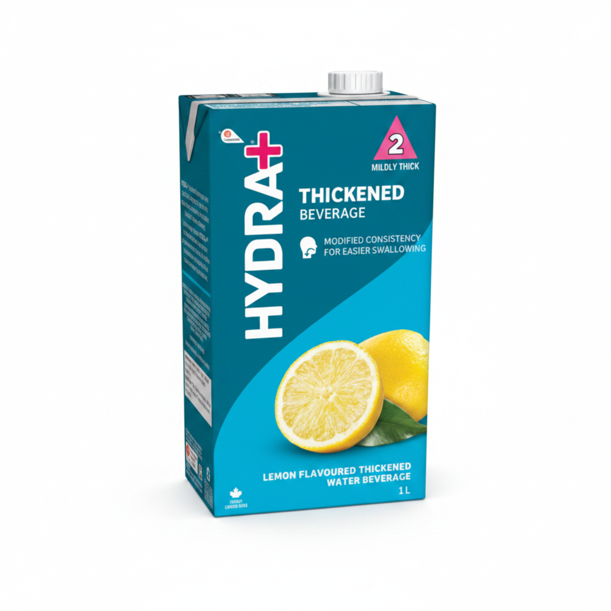 Carton of Hydra+ thickened lemon flavoured water beverage  on a white background
