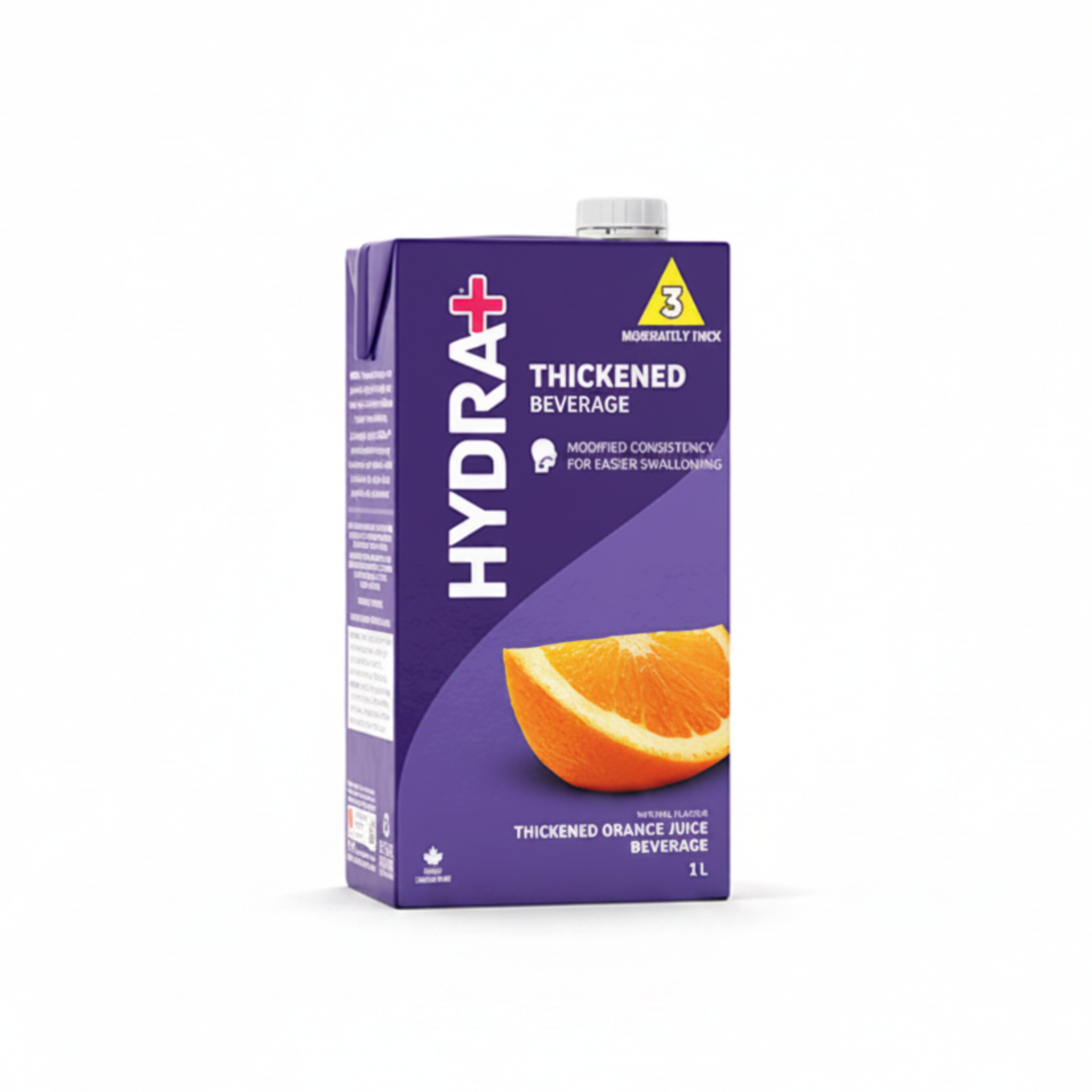 Hydra+ thickened orange beverage package with an orange slice on a white background