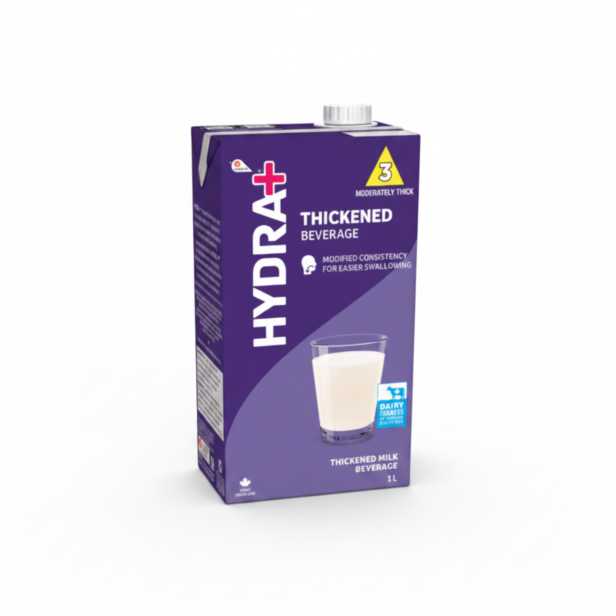 Carton of Hydra thickened milk beverage on a white background