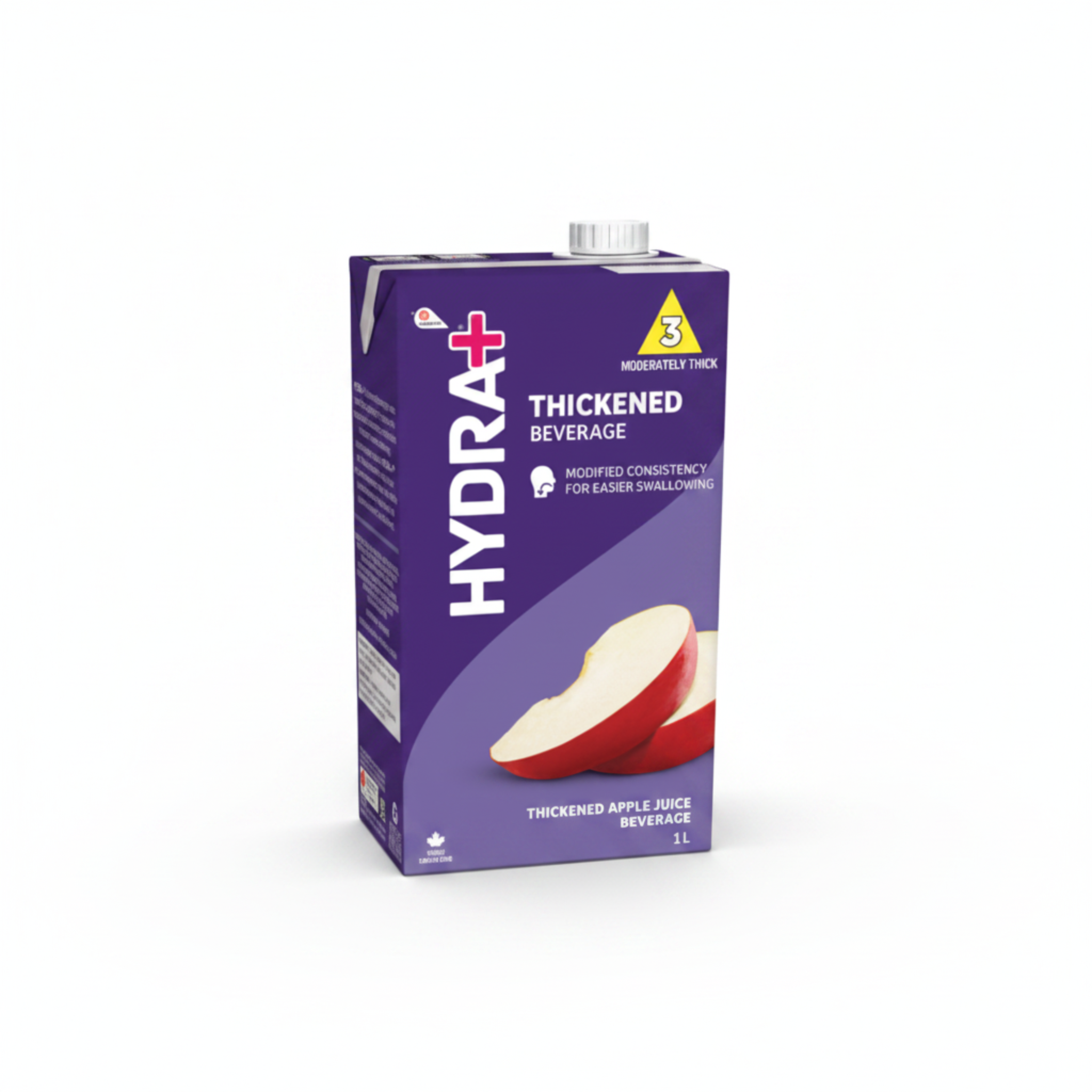 Carton of Hydra thickened apple juice beverage with an apple on a white background