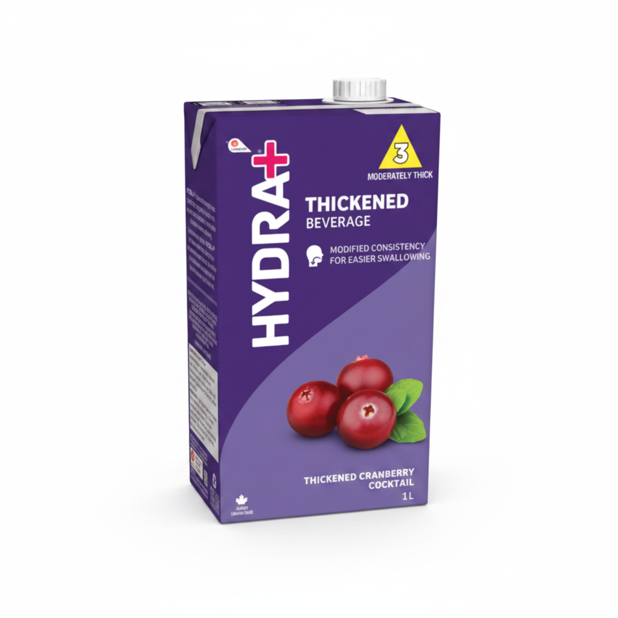Hydra+ thickened cranberry cocktail beverage carton with cranberries on a white background