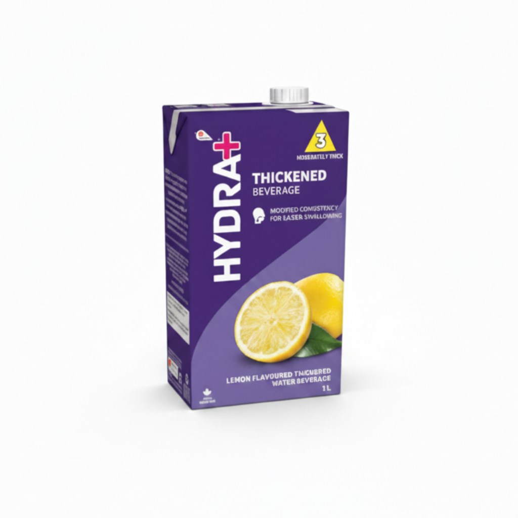 Carton of Hydra+ thickened lemon flavoured water beverage with a lemon  on a white background