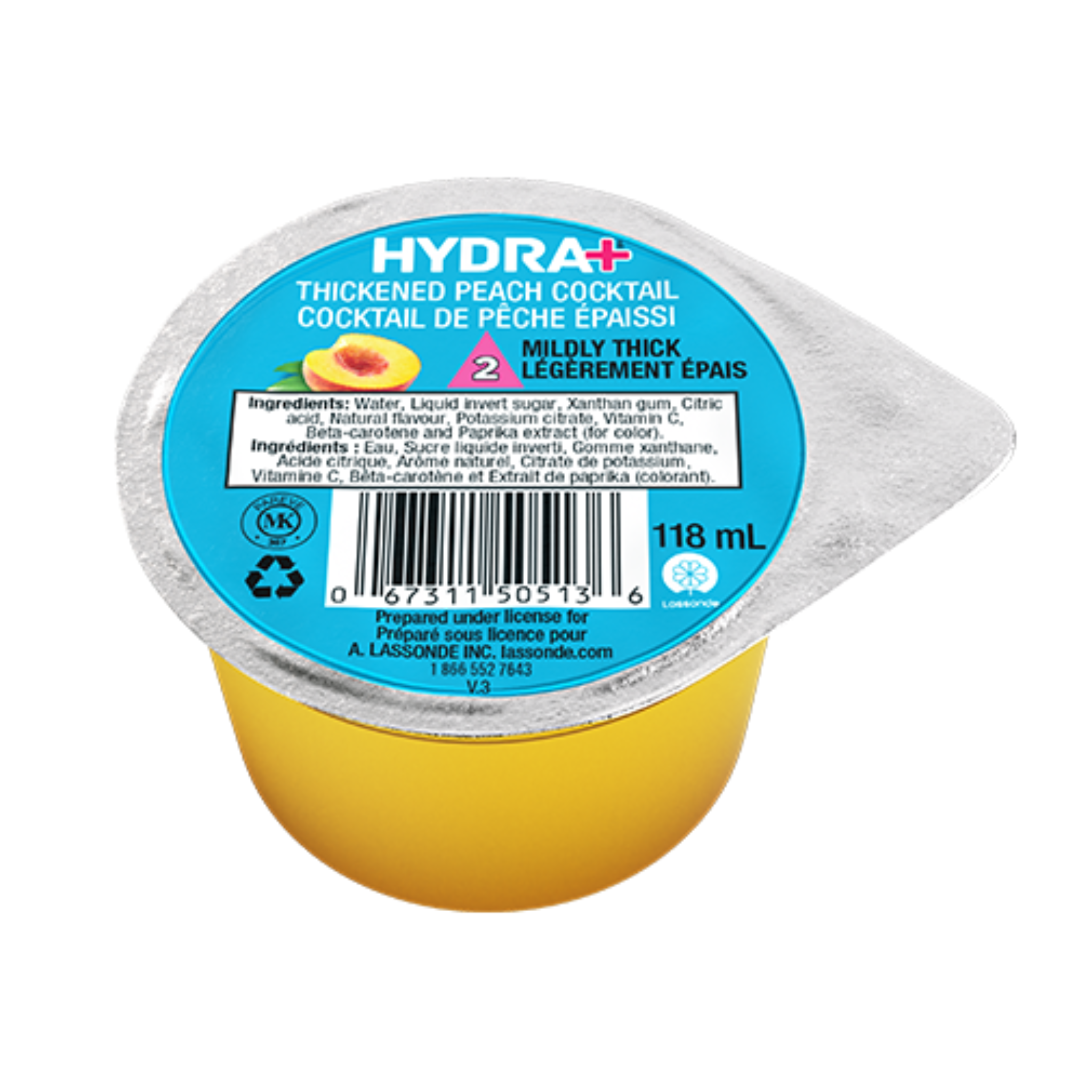 Hydra+ thickened peach cocktail container with blue label on a white background