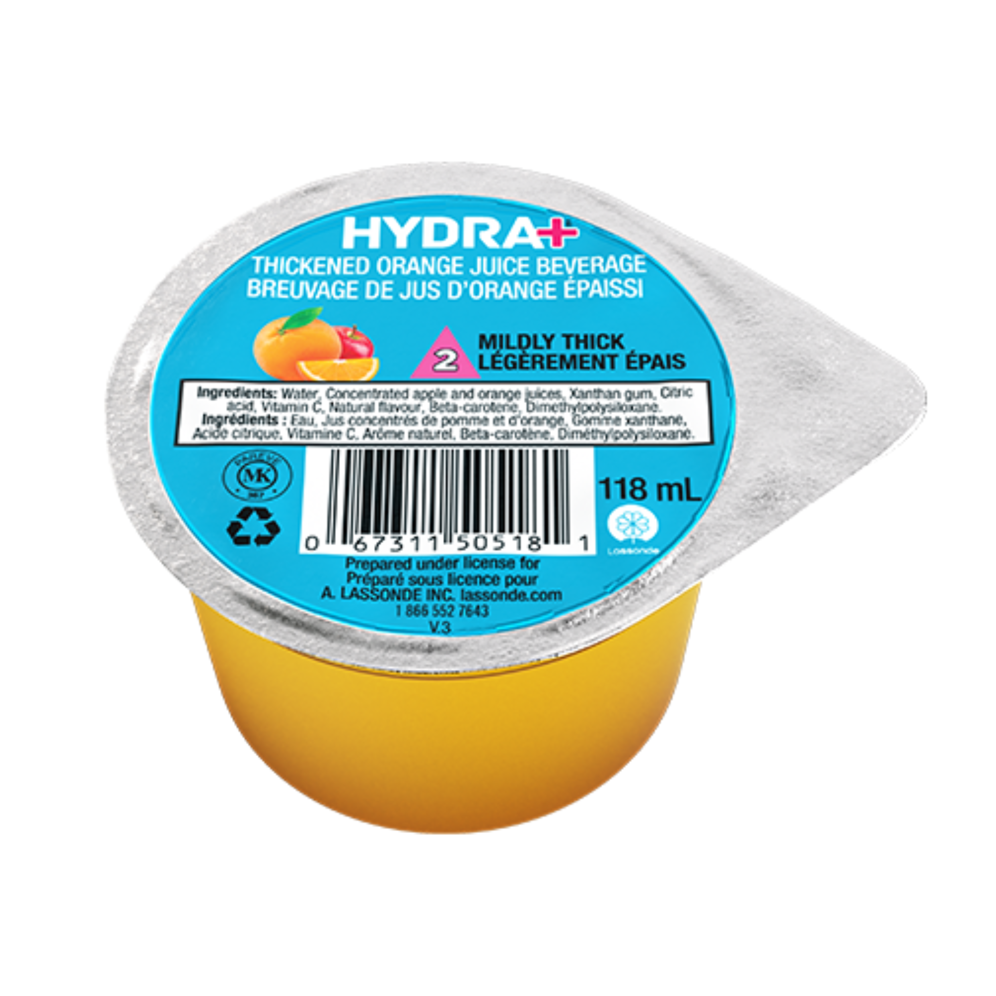 Hydra+ thickened orange juice beverage container with blue label on a white background