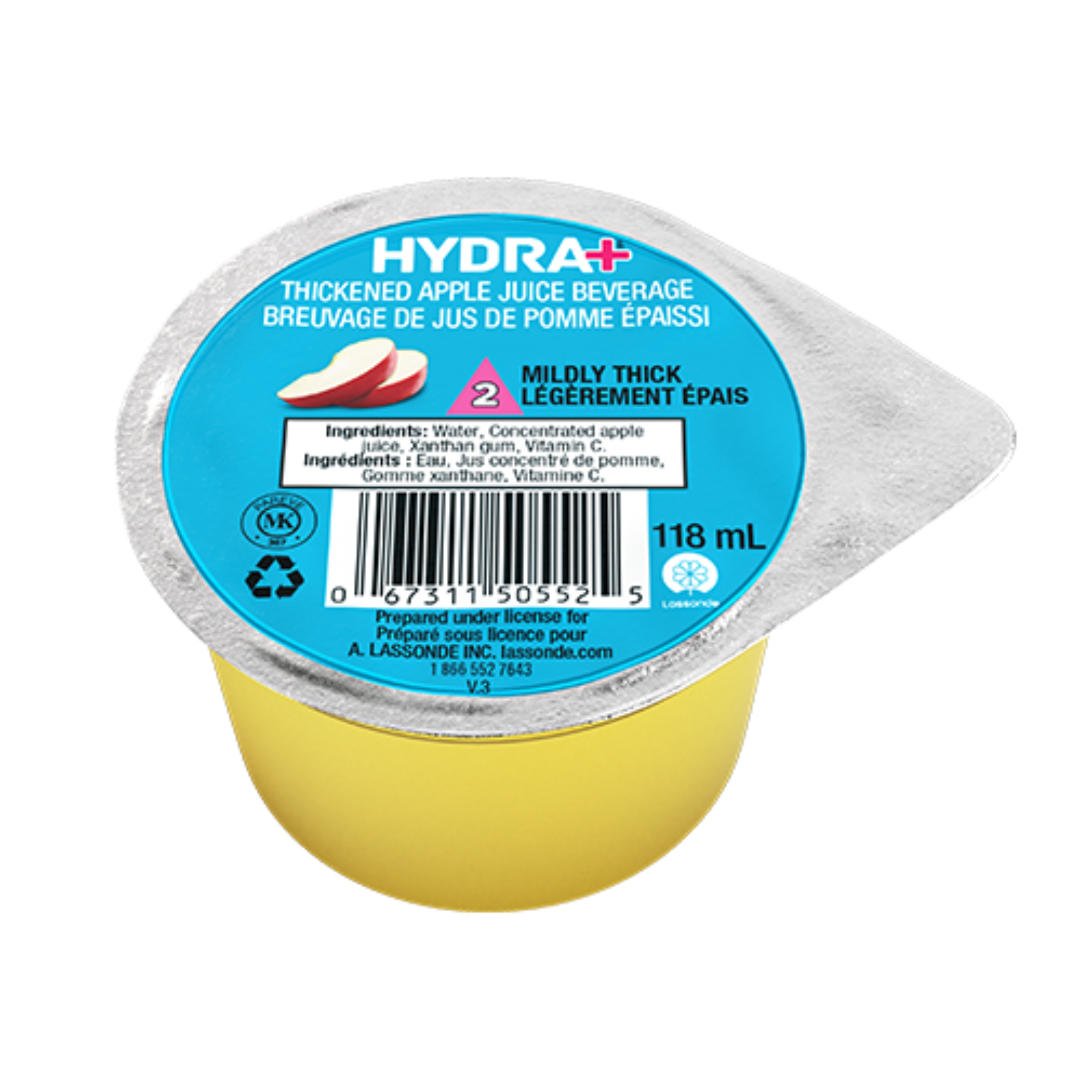 Hydra+ thickened apple juice beverage container with blue label on a white background