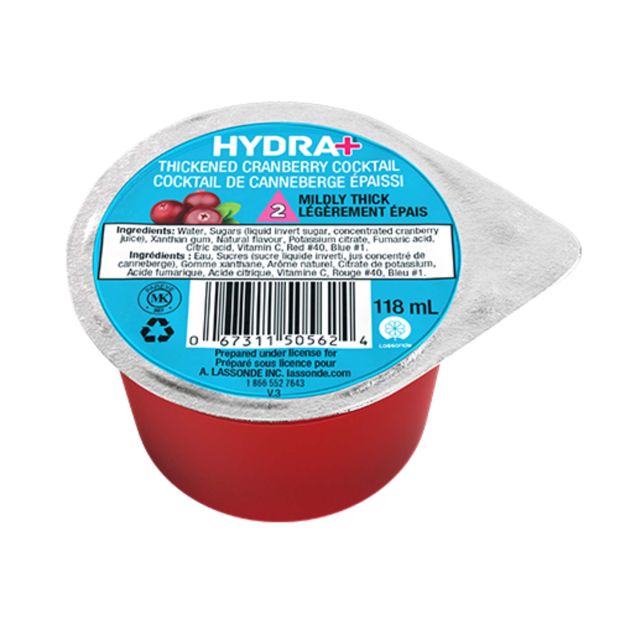 Hydra+ thickened cranberry cocktail container with blue label on a white background