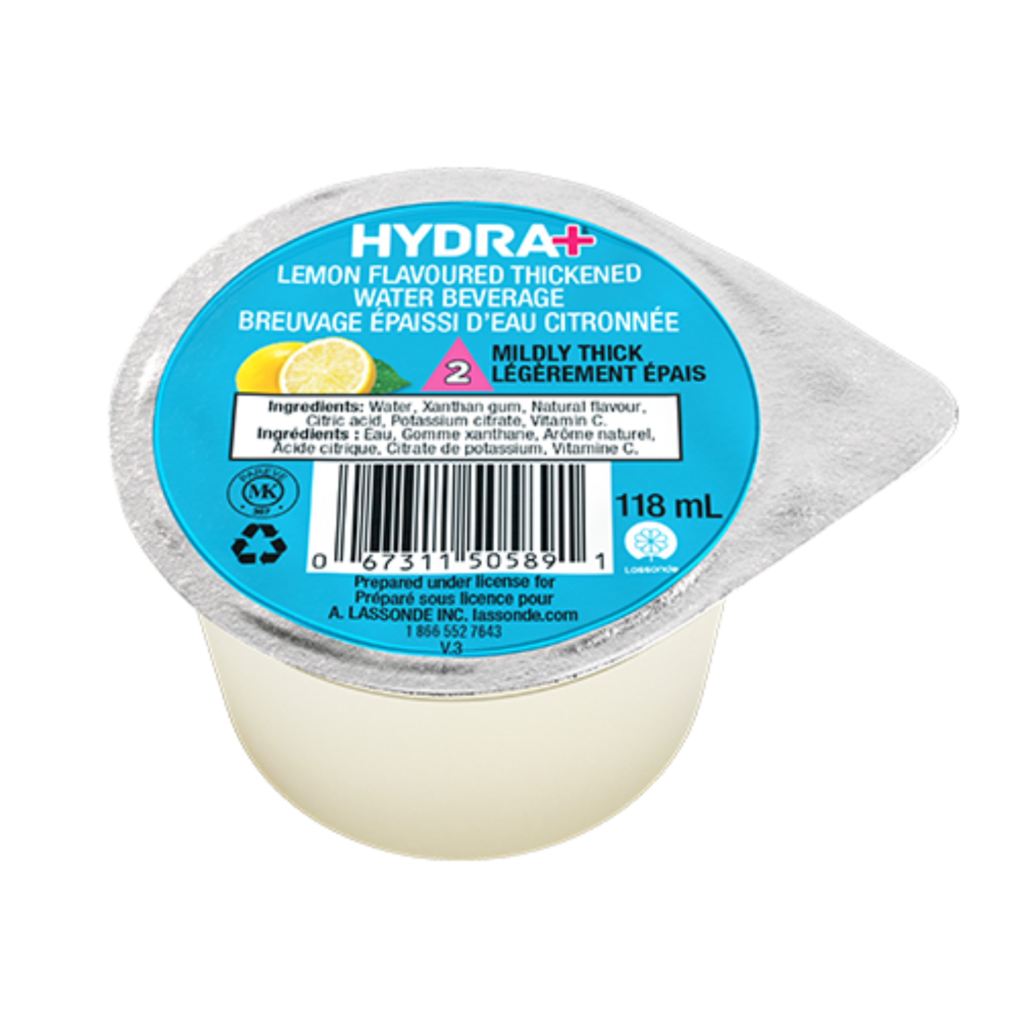 Hydra+ lemon flavored thickened water beverage container on a white background
