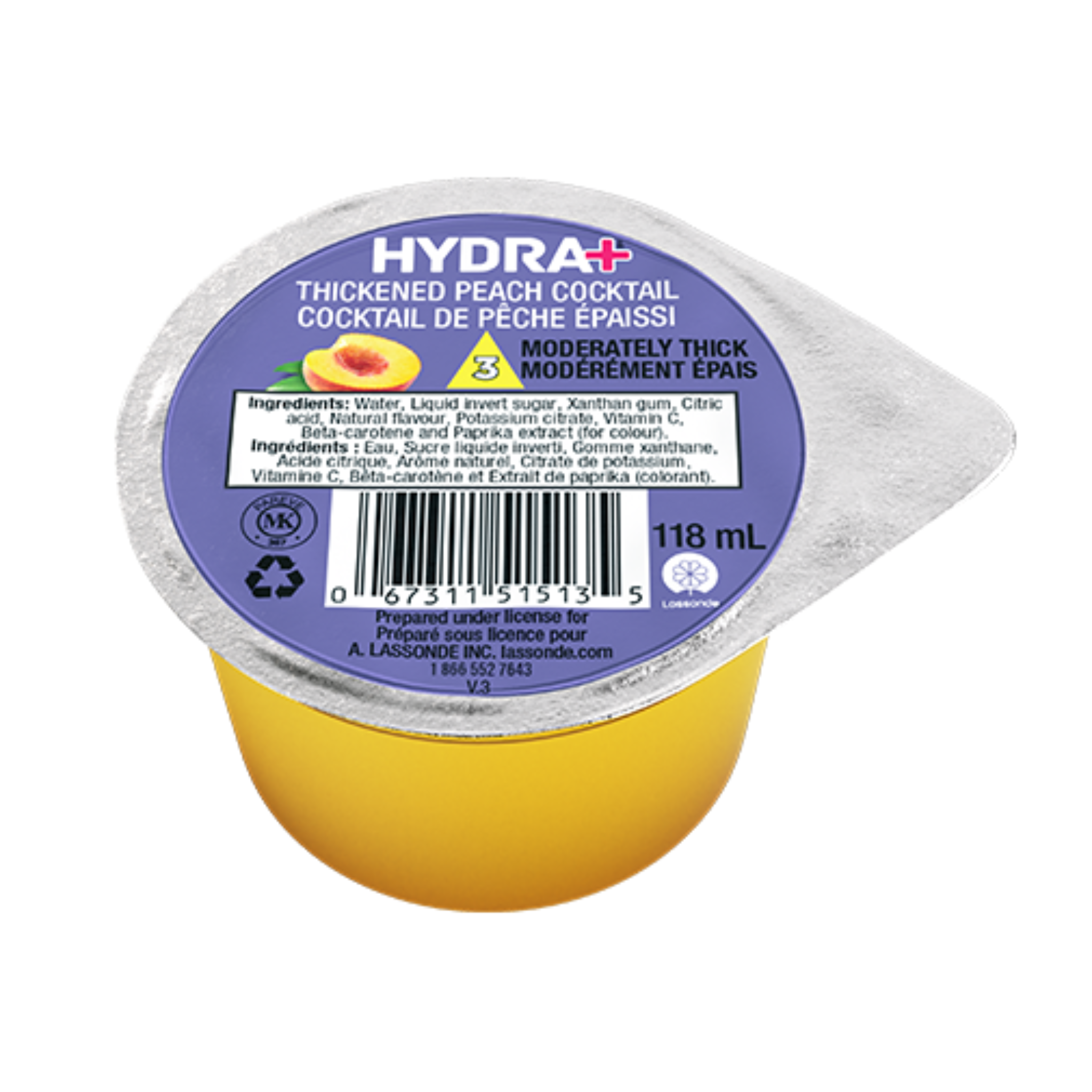 Hydra+ thickened peach cocktail container with purple label on a white background