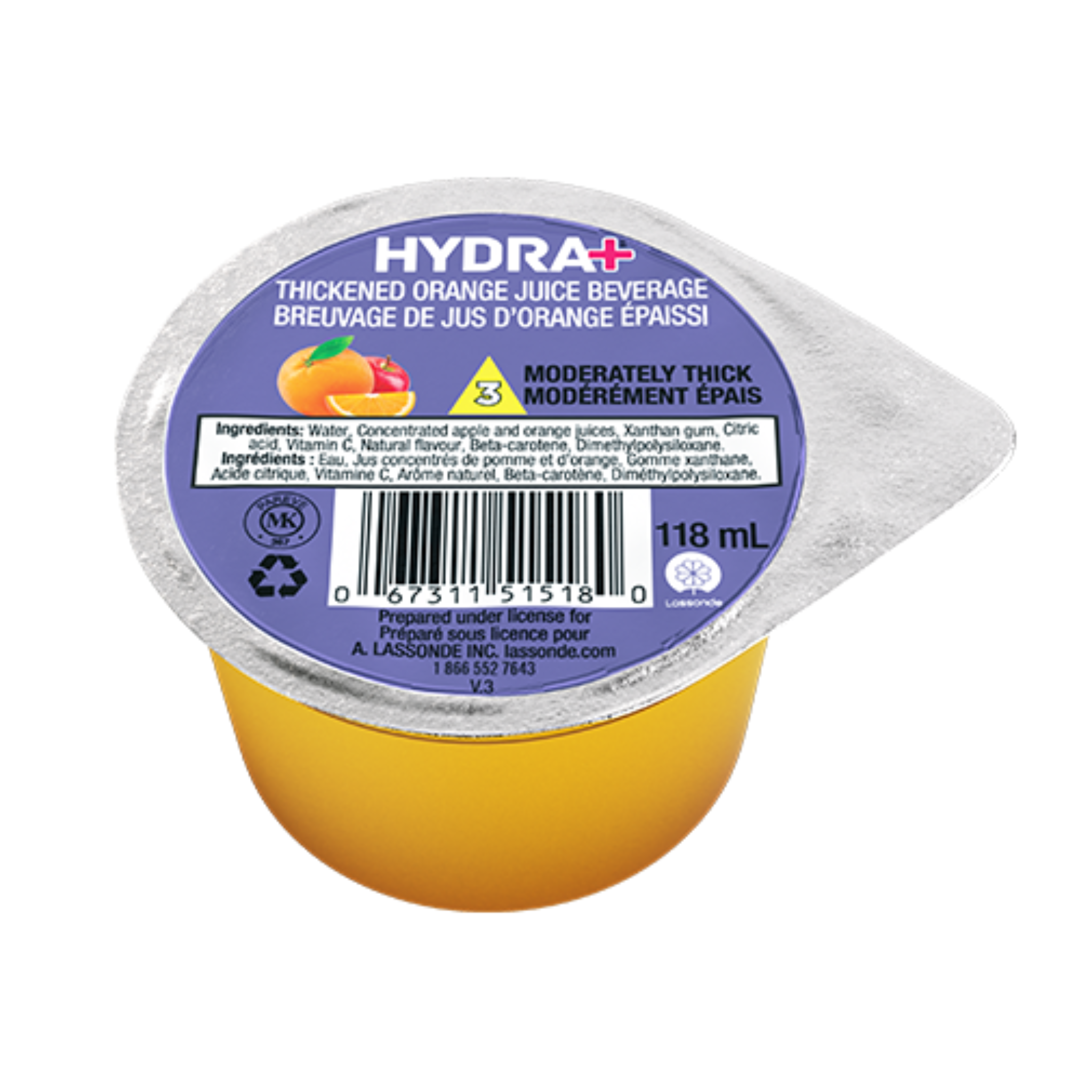 Hydra+ thickened orange juice beverage container with purple label on a white background