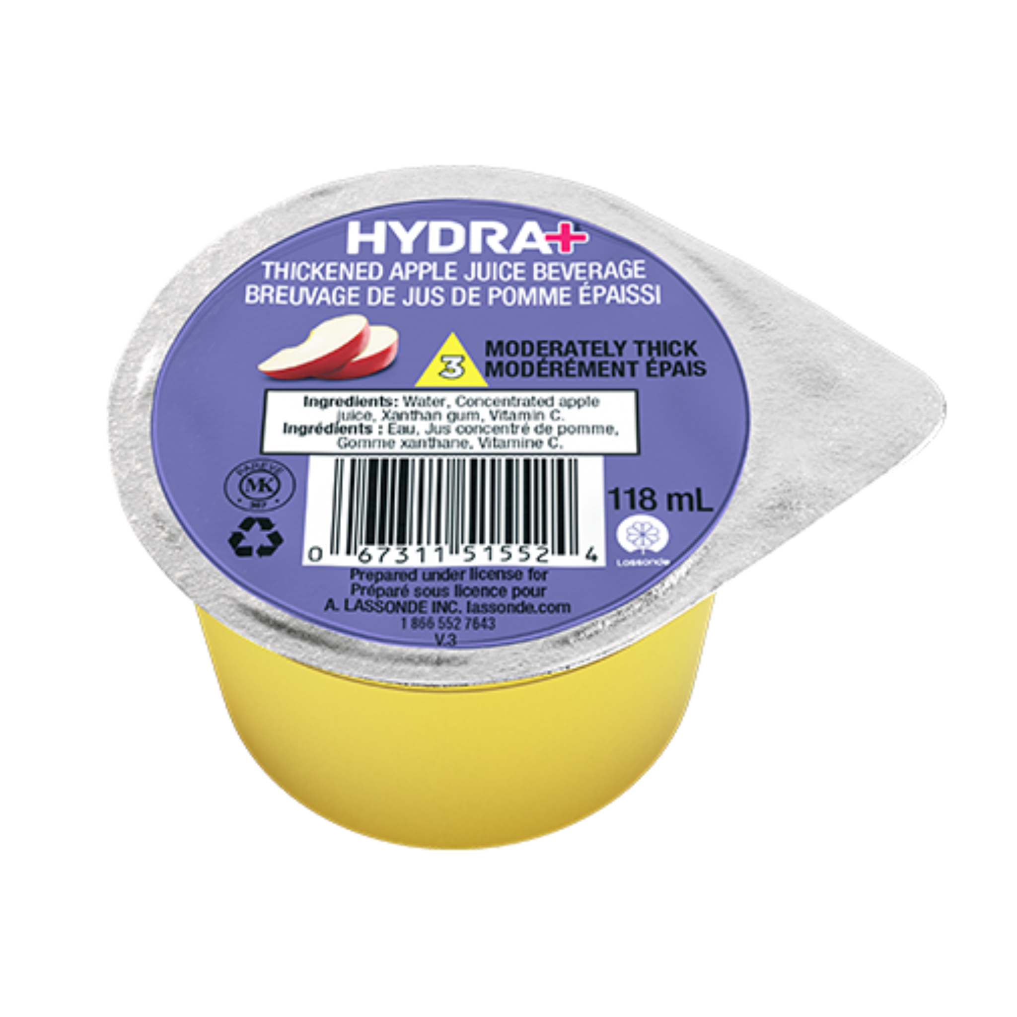 Container of Hydra+ thickened apple juice beverage with purple label on a white background