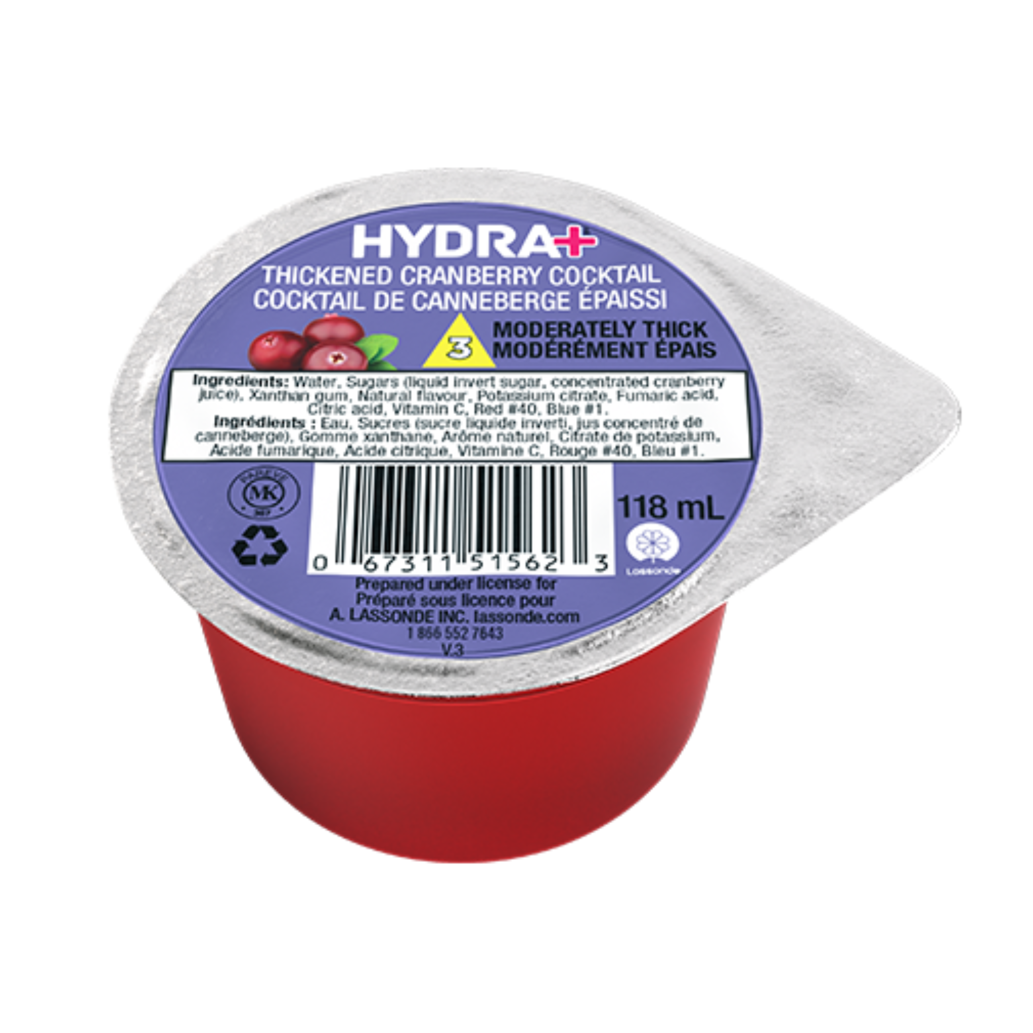 Hydra+ thickened cranberry cocktail container with purple label on a white background