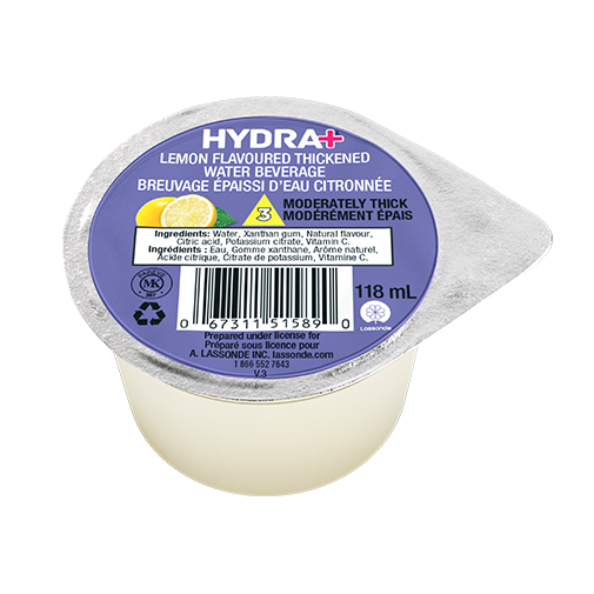 Hydra+ lemon flavored thickened water beverage container with a purple label on a white background