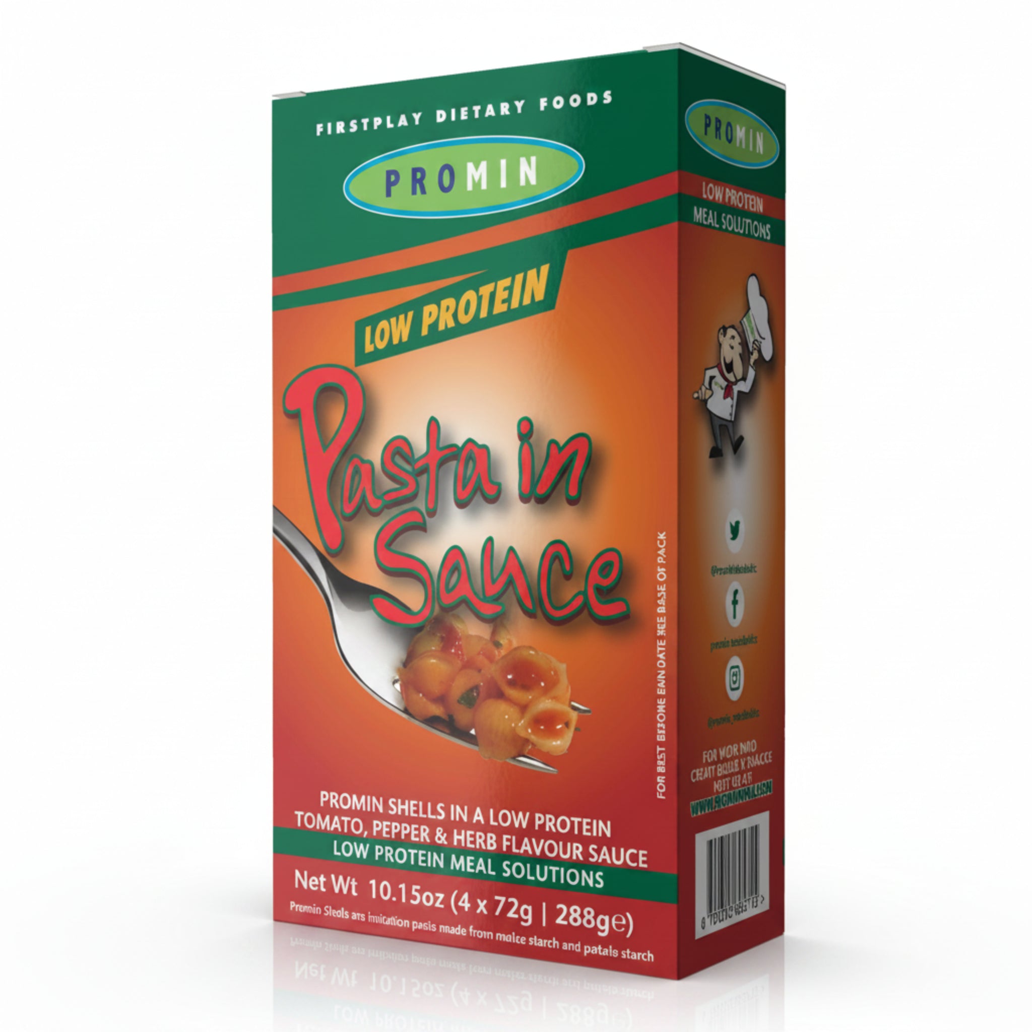 Box of Promin low protein pasta in sauce on a white background