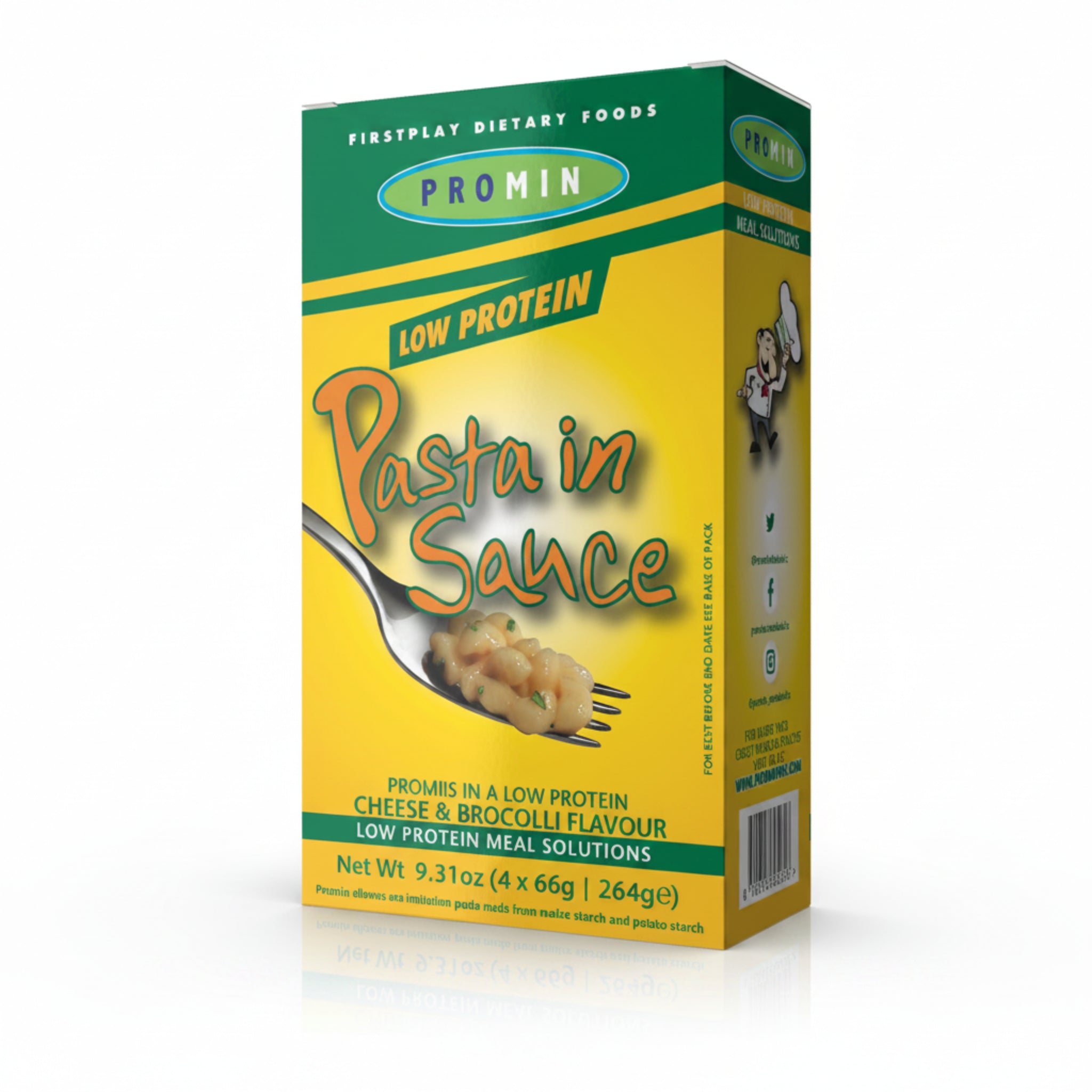 Box of Promin low protein pasta in sauce on a white background