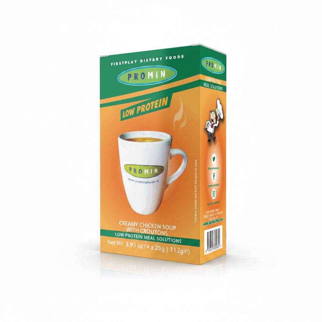 Box of Promin low protein creamy chicken soup on a white background