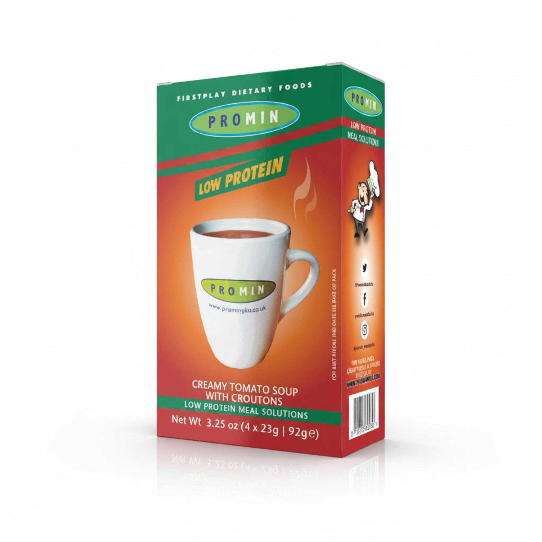 Promin low protein creamy tomato soup packaging on a white background