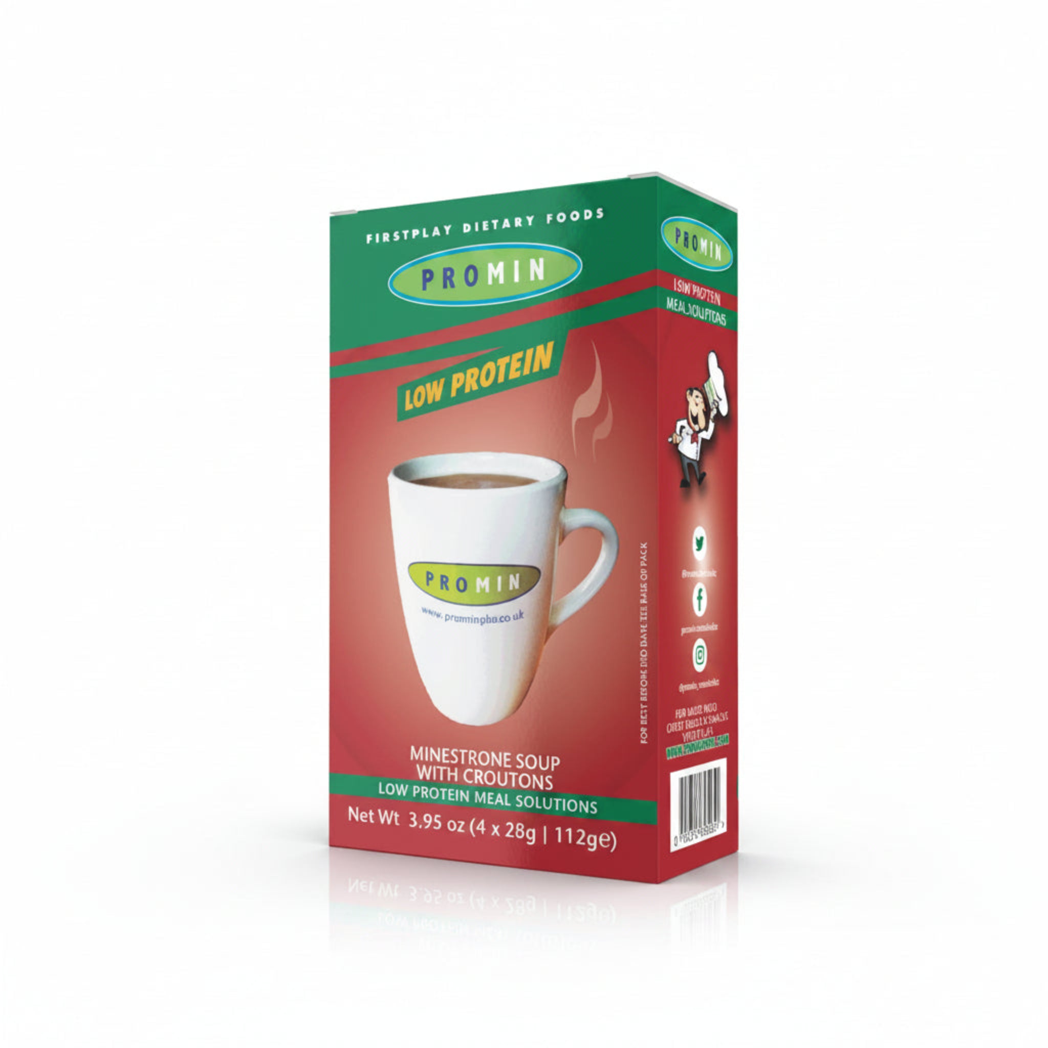 Promin low protein minestrone soup packaging on a white background