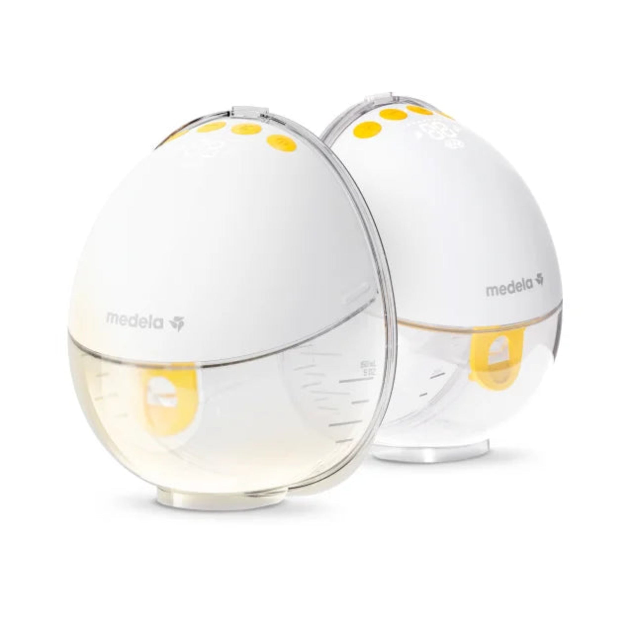 Two white Medela Motion InBra breast pumps with yellow accents on a white background.