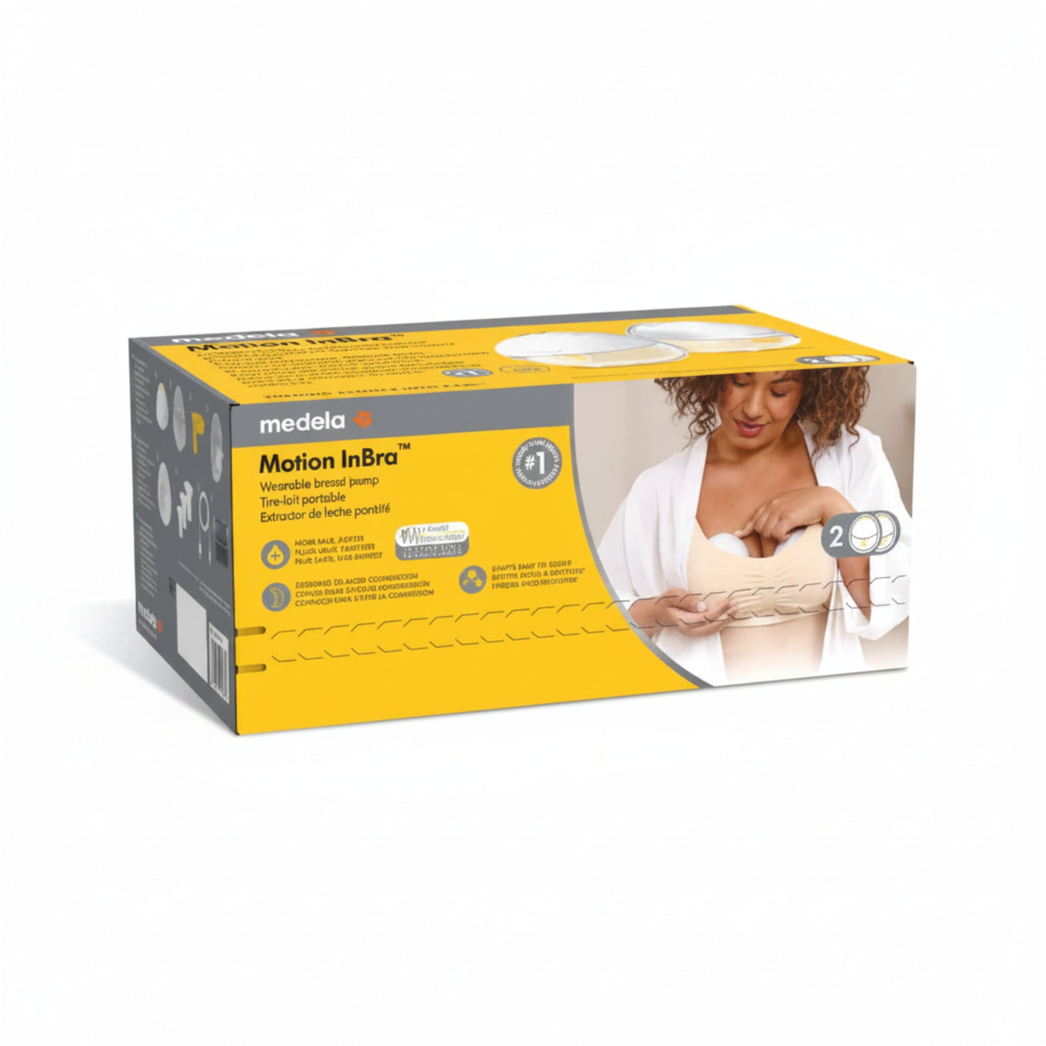Box of Medela Motion InBra wearable breast pump on a white background.