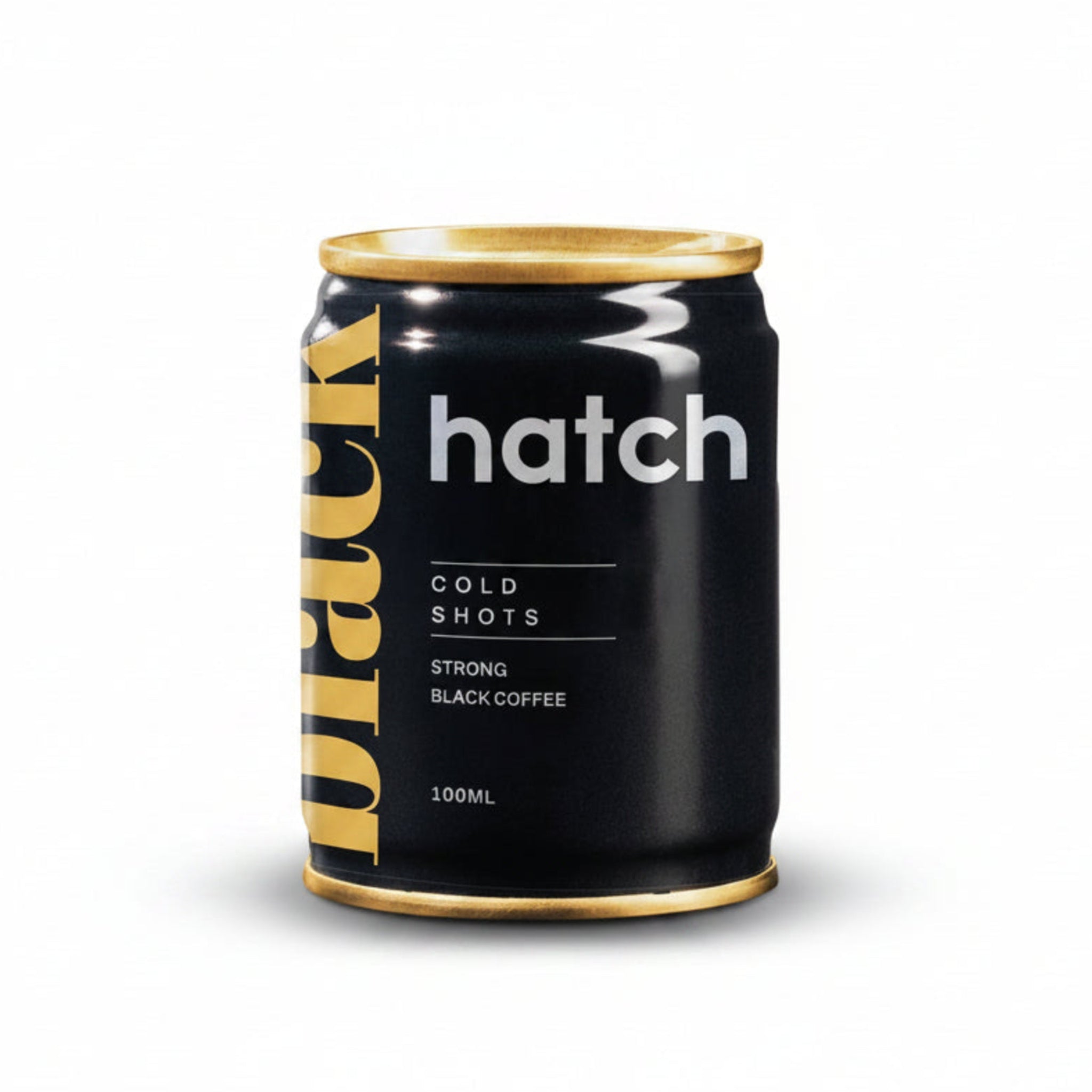 Black can of Hatch Black coffee with gold accents on a white background