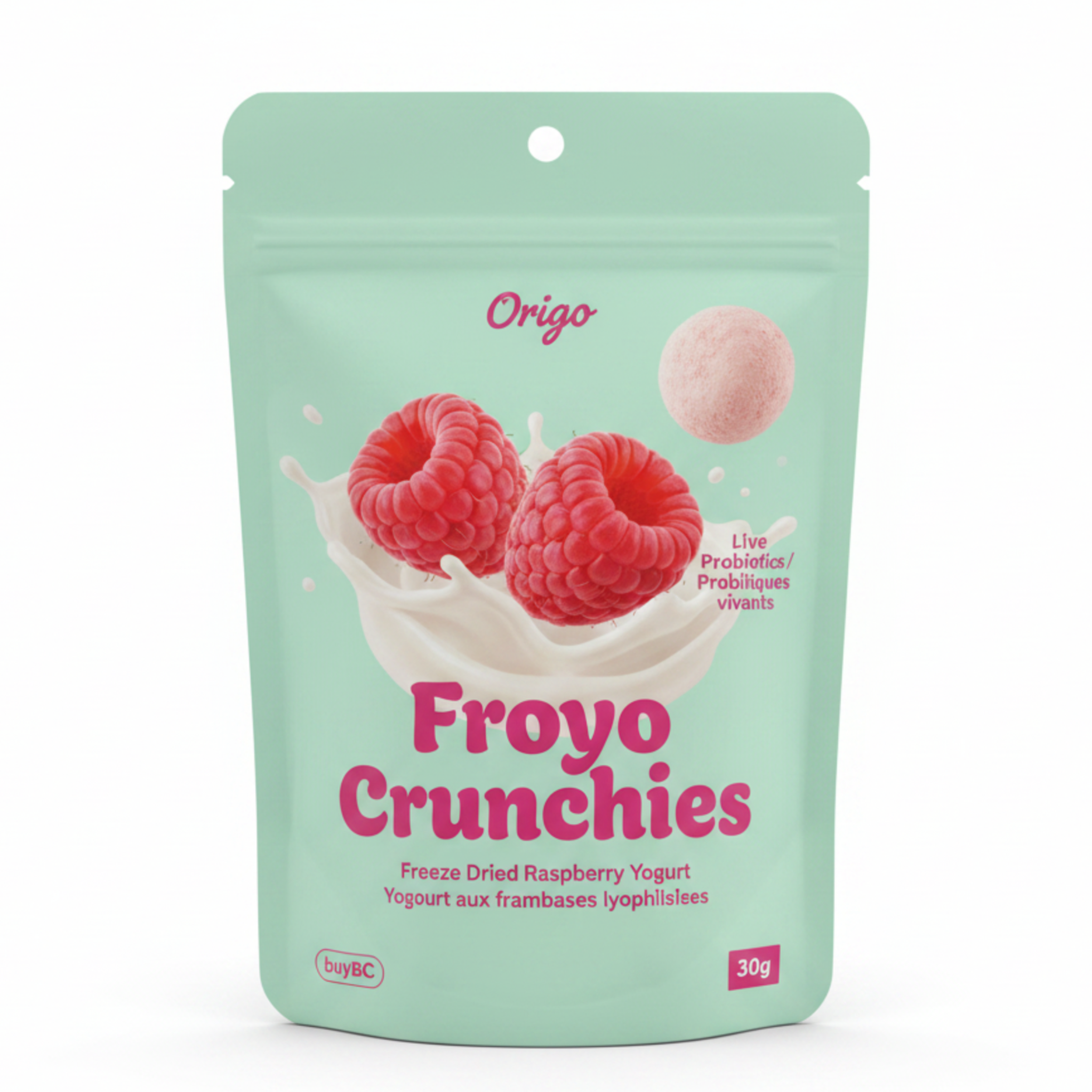 Origo Froyo Crunchies Raspberry package on a white background.