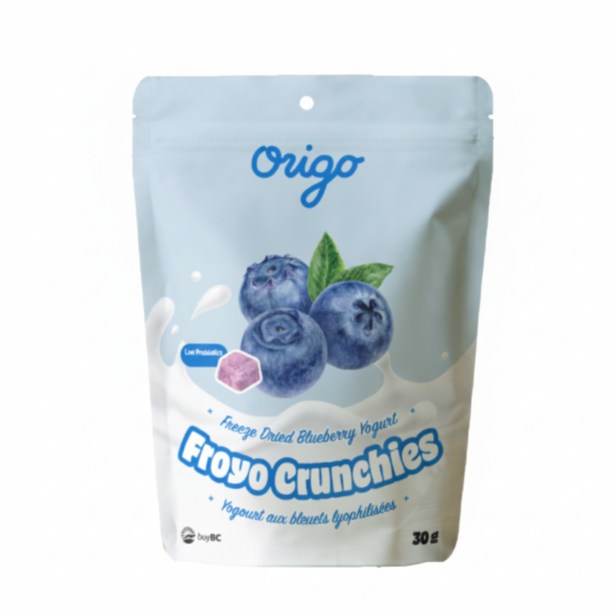 Origo Froyo Crunchies Blueberry package on a white background.