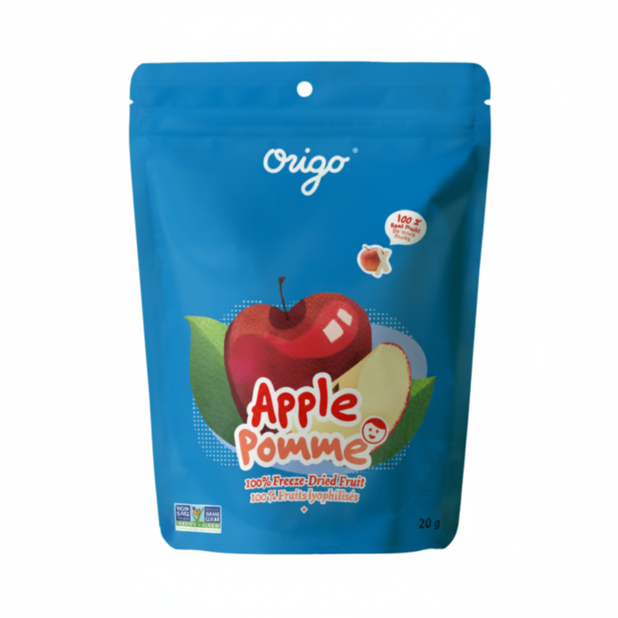 Blue package of Origo Apple freeze-dried fruit on a white background.
