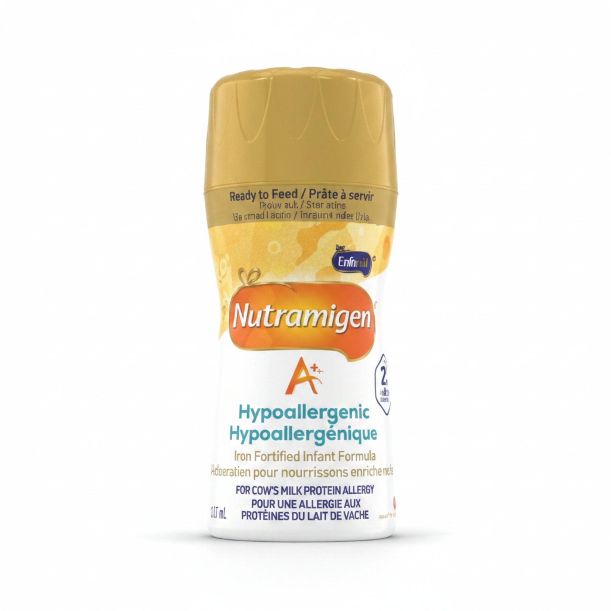 Nutramigen A+ hypoallergenic infant formula bottle packaging on a white background