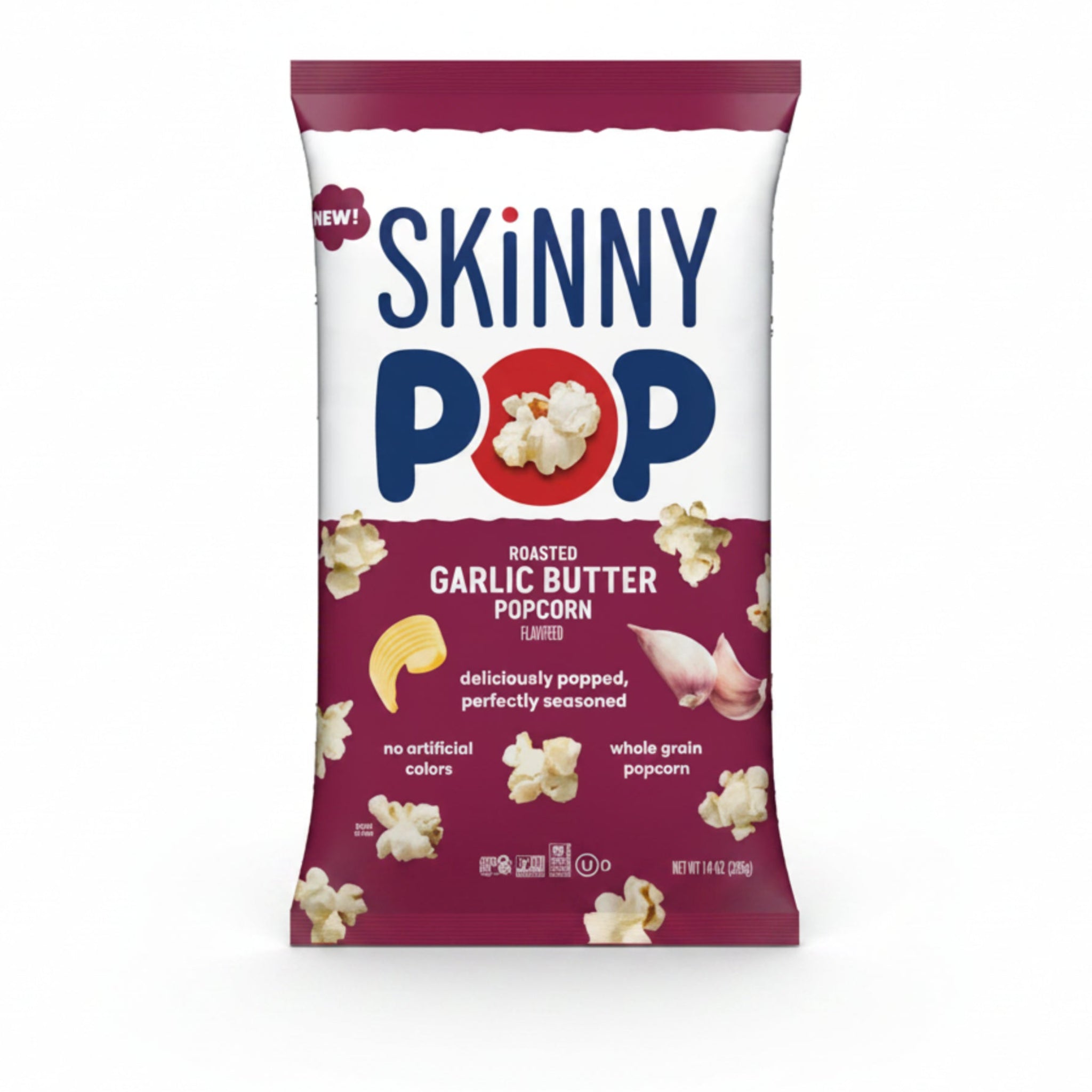 Skinny Pop Garlic Butter 14 oz bag package on a white background.