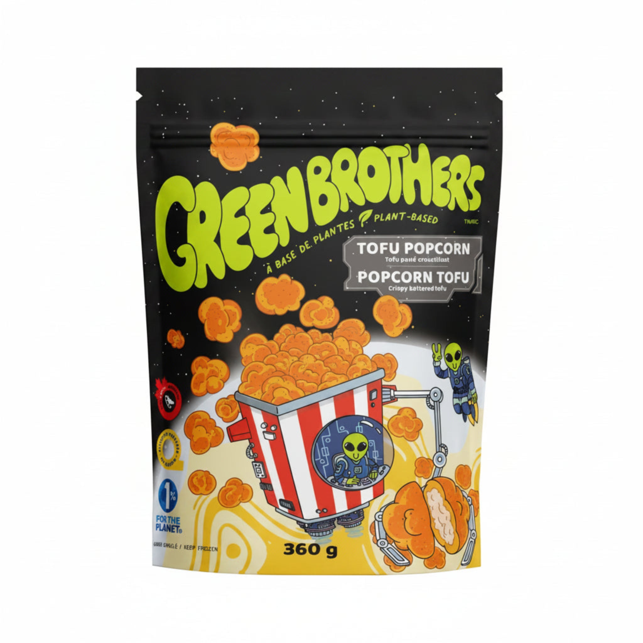 Green Brothers Tofu Popcorn package on a white background.