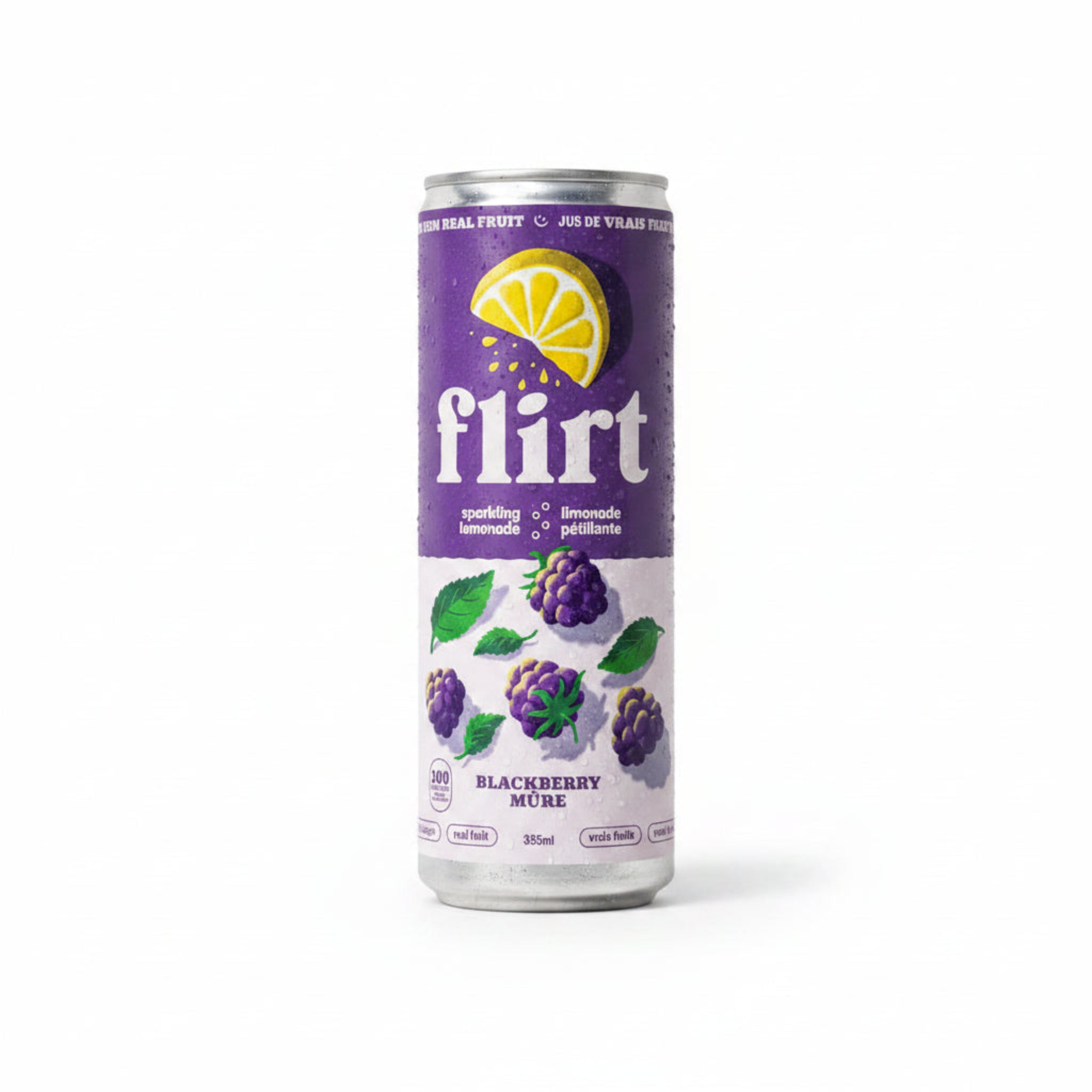Flirt Drinks Sparkling Lemonade Blackberry Flavored can on a white background.