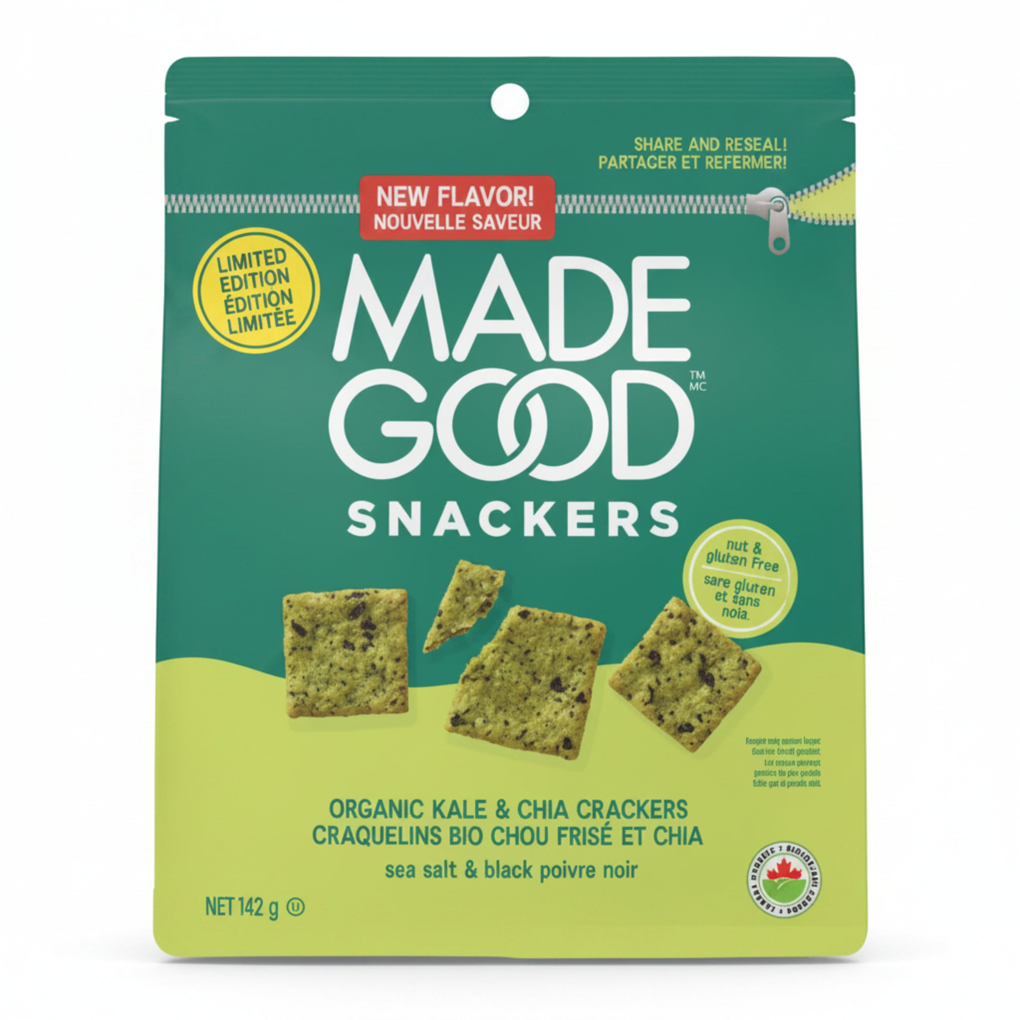 Made Good Organic Kale & Chia Crackers Sea salt & black poivre noir package on a white background.
