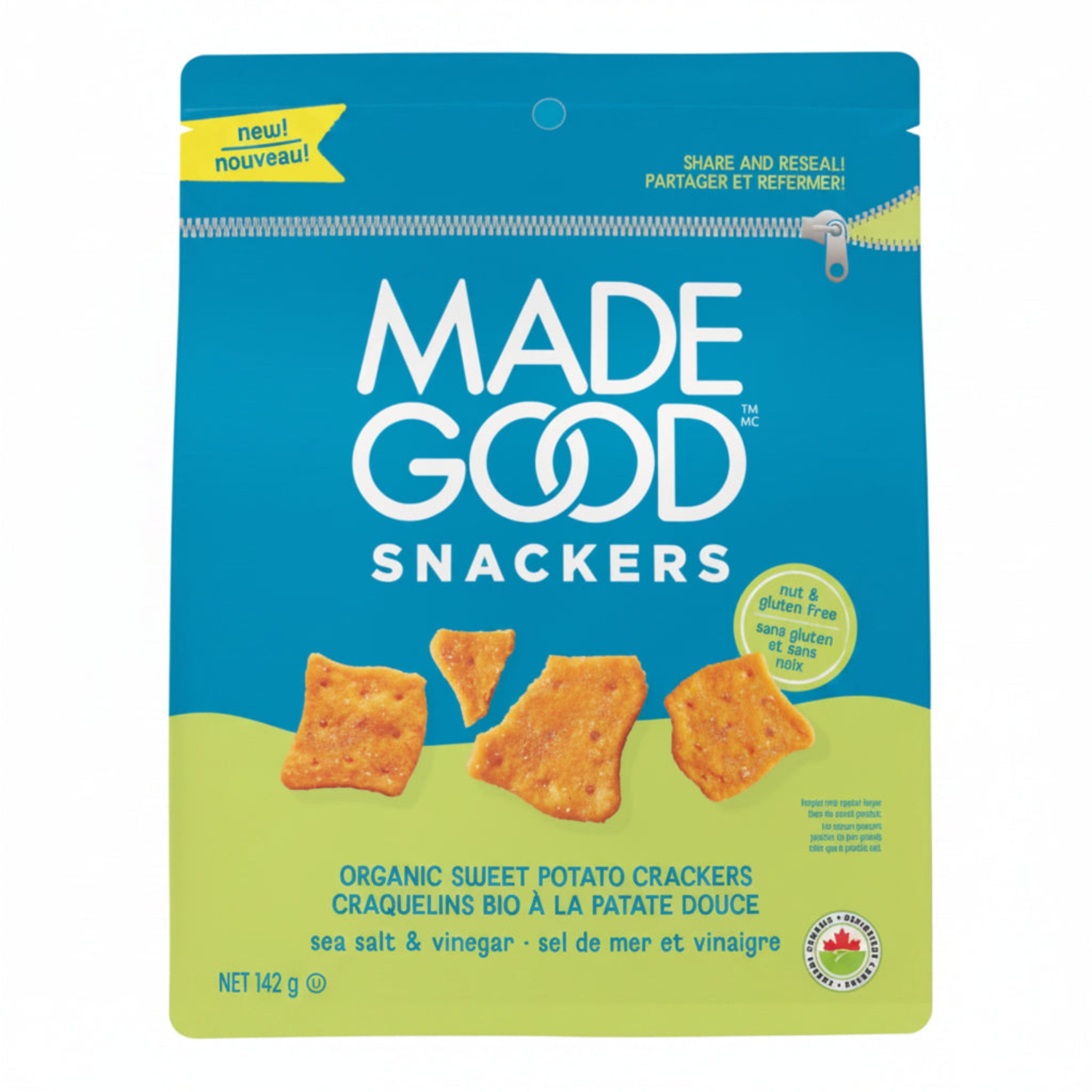 Made Good Organic Sweet Potato Crackers Sea salt & vinegar package on a white background.